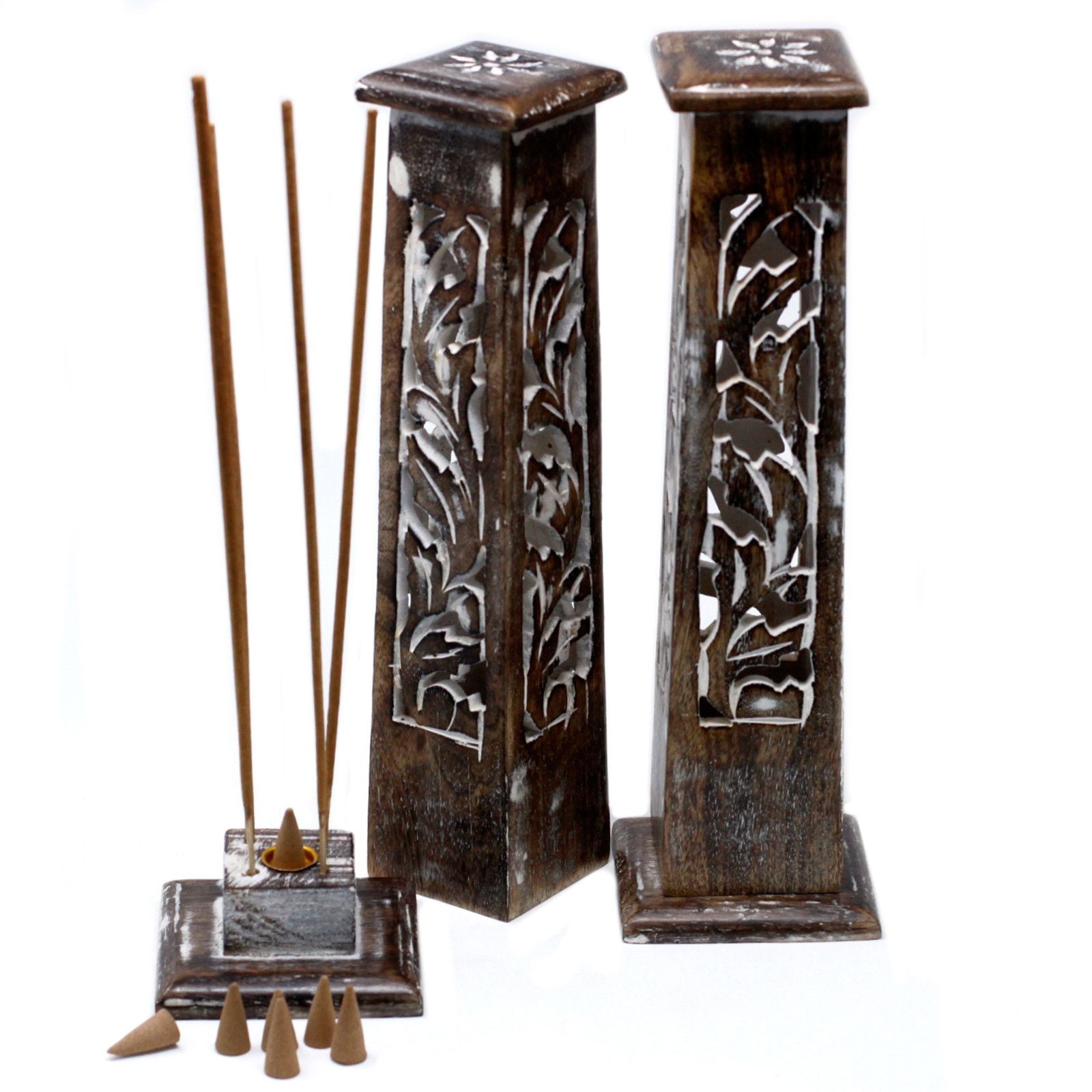 Tapered Incense Tower in Washed Mango Wood for Home Decor