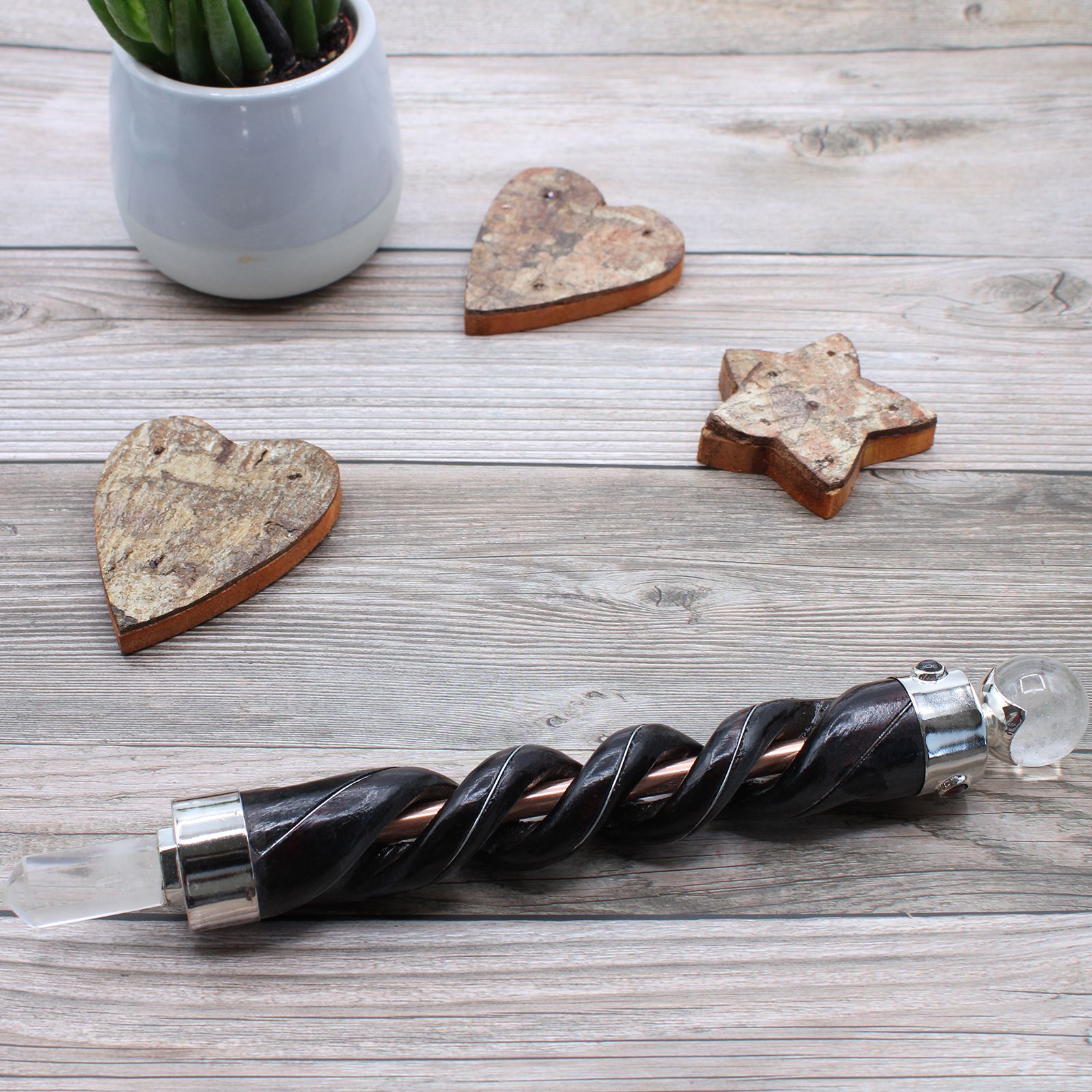 Spiral Carving Healing Wand with Copper Pipe and Rock Quartz
