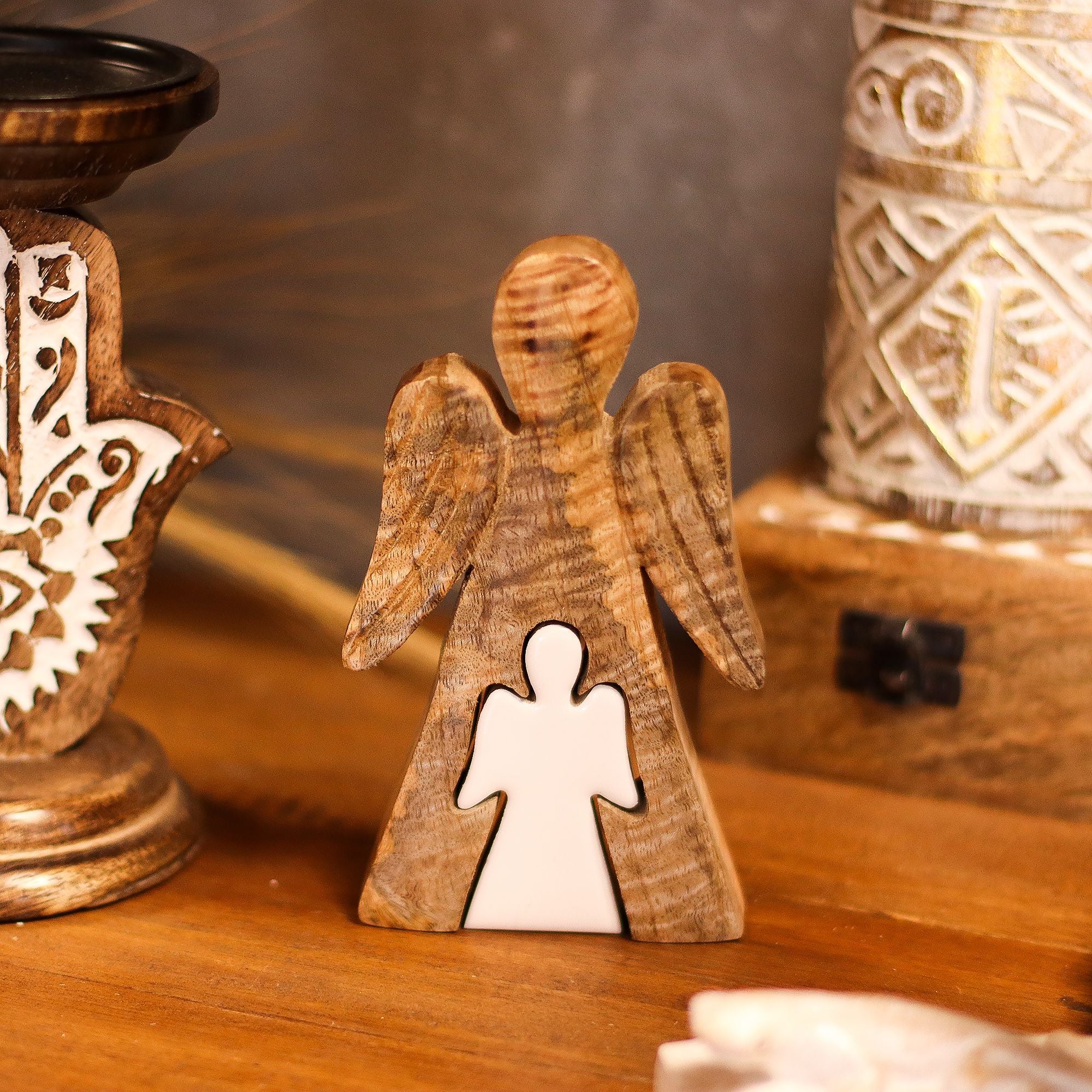 Mango Wood Angel Figurine in White Enamel for Home Decor