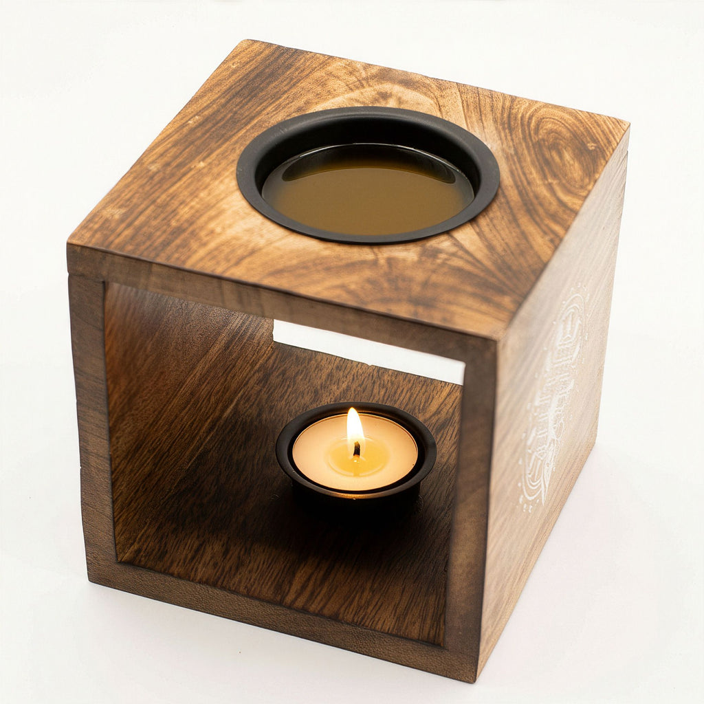 Large Square Mango Wood Oil Burner with Moon Goddess Design