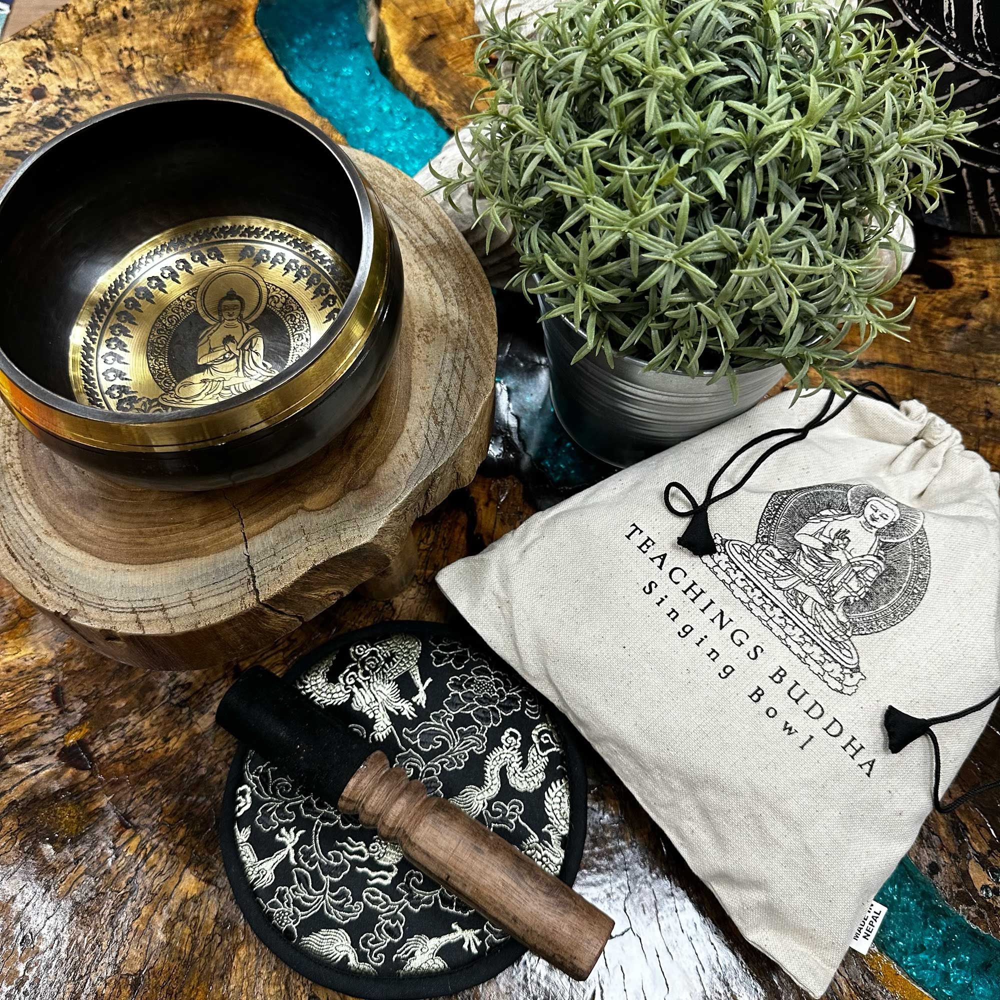 Hand Beaten Engraved Singing Bowl Gift Set 14cm with Buddha Design