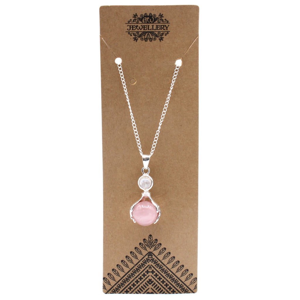 Gemstone Healing Hands Pendant with Rose Quartz and Silver Chain