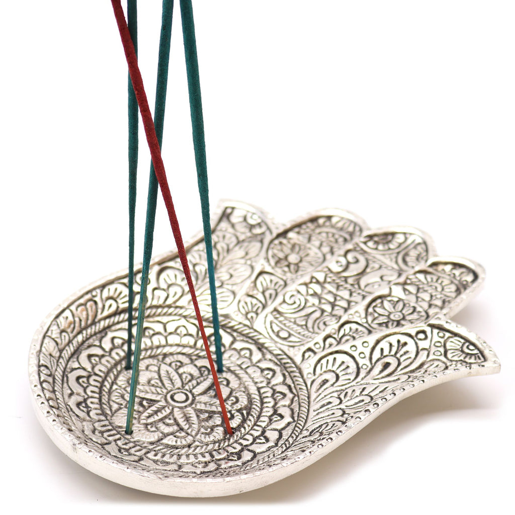Polished Aluminium Large Hamsa Incense Holder for Home Decor