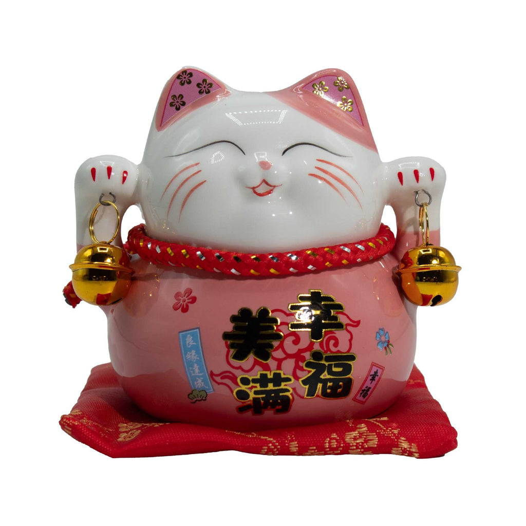 Ceramic Money Cat Bank in Pink on Cushion for Home Decor Display