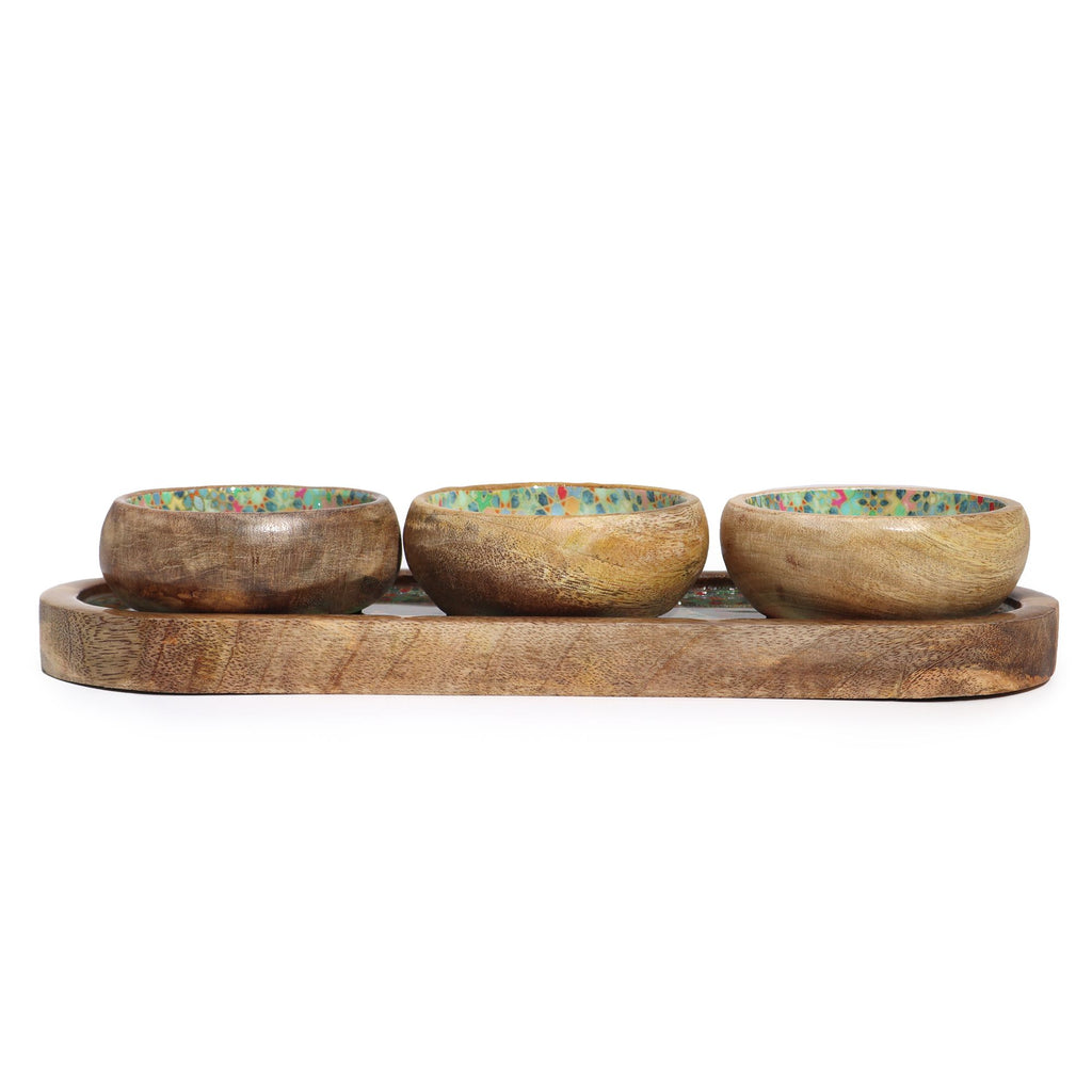 Mango Wood Serving Tray with 3 Ceramic Bowls Mediterranean Design