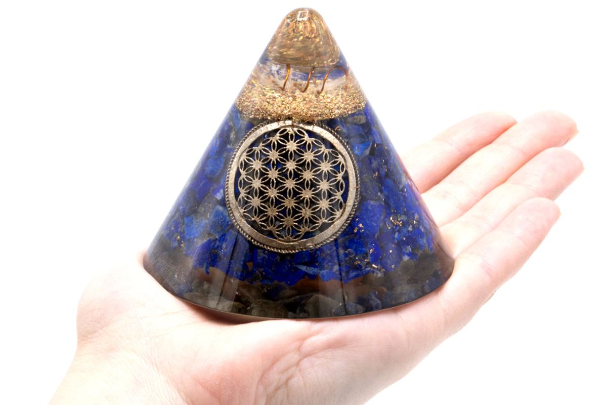 Elegant Orgonite Cone Featuring Lapis Flower of Life and Quartz Gem