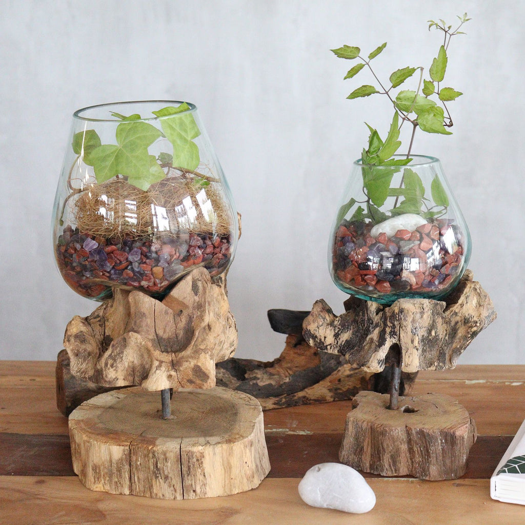 Molten Glass on Wood Large Bowl with Stand for Home Display