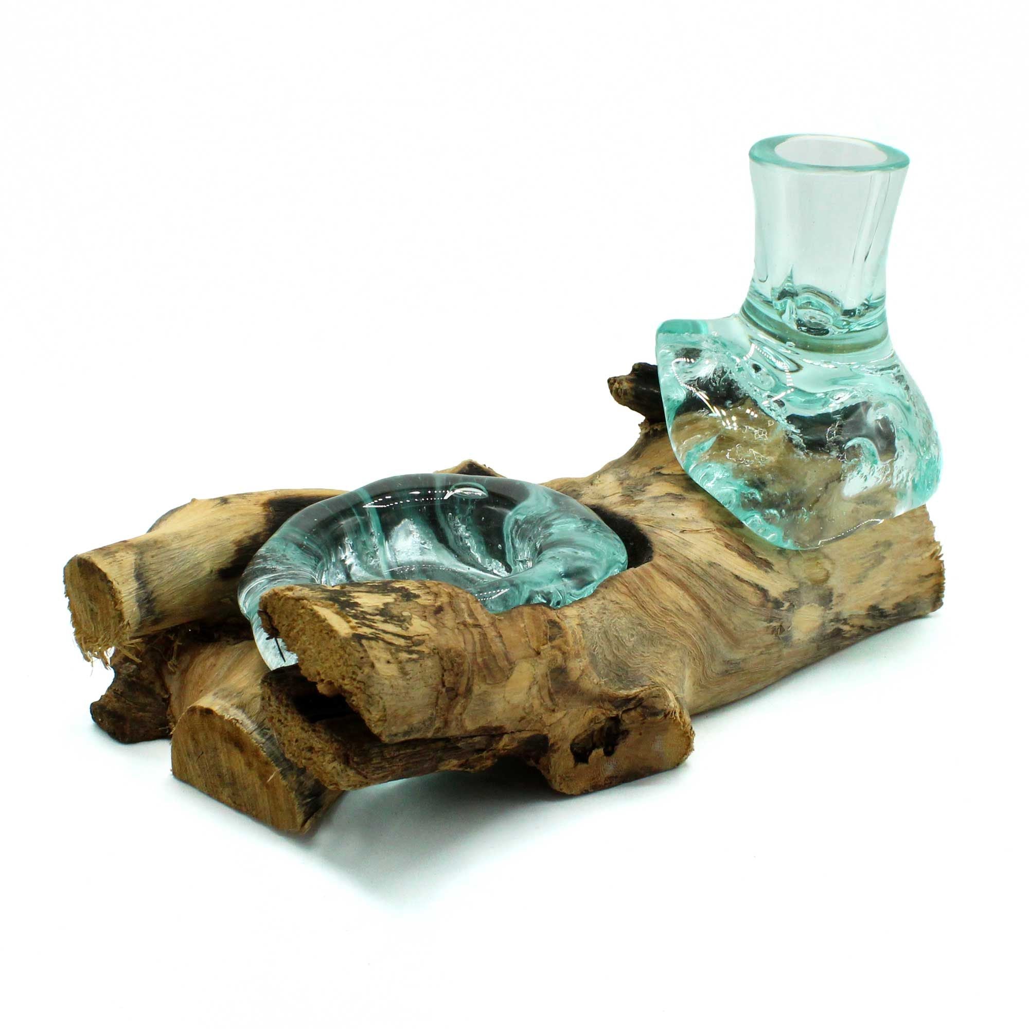 Molten Glass Small Flower Vase and Tealight Holder on Wood Base