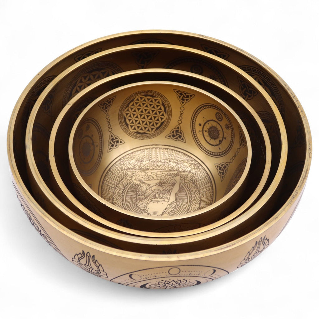 Pure Brass Etched Buddha Set of 4 Singing Bowls for Home Decor