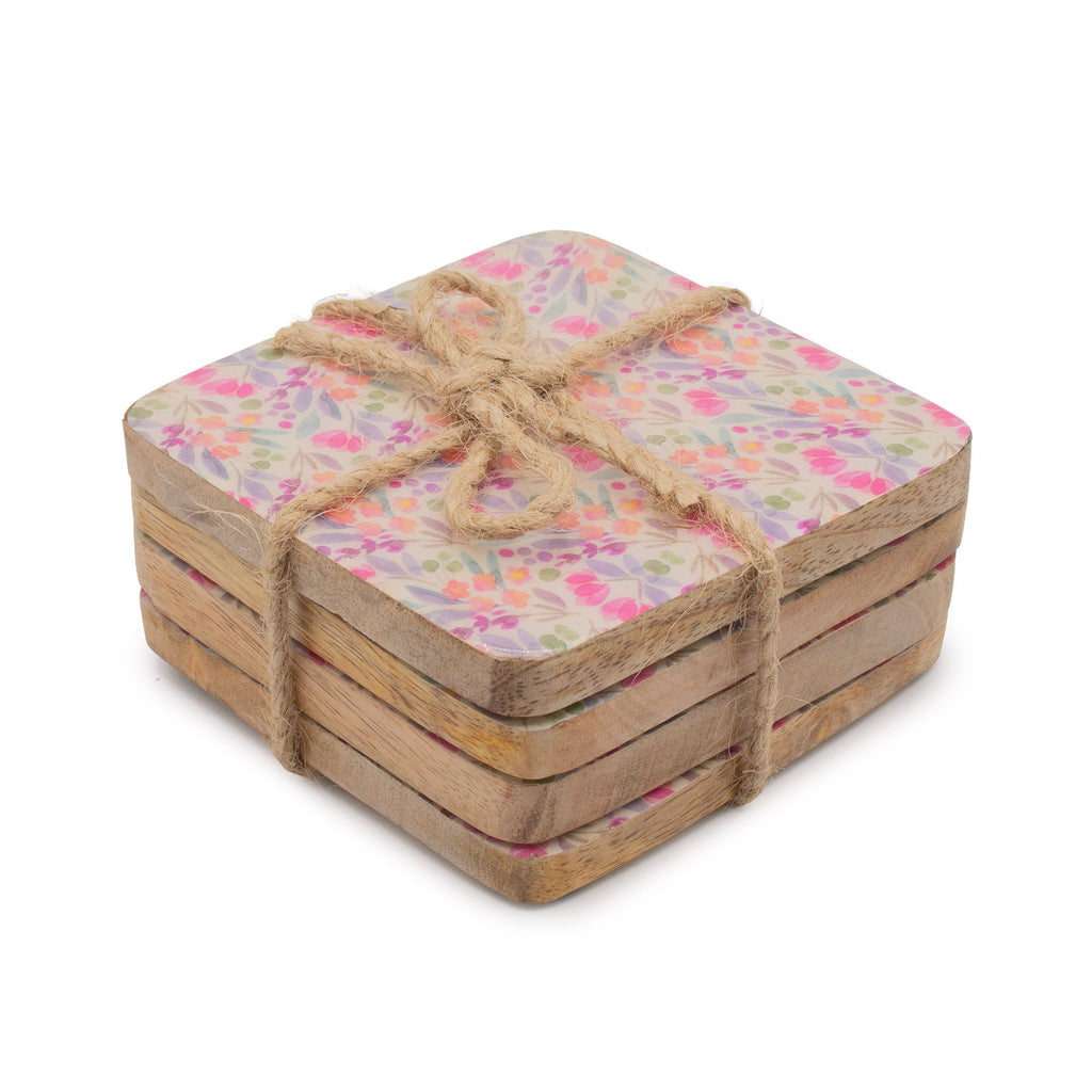 Set of 4 Square Coasters with Floral Design for Home Decor
