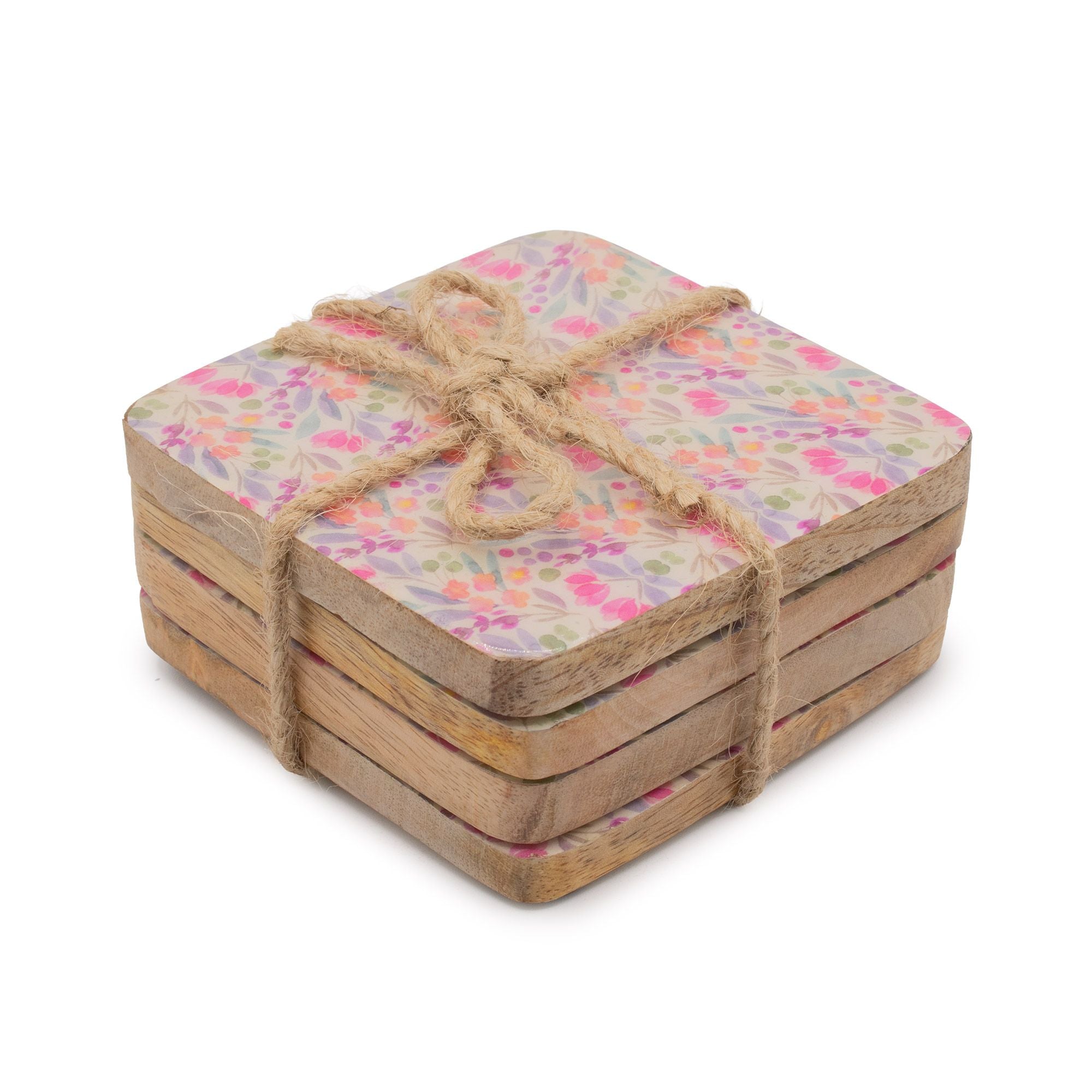 Set of 4 Square Coasters with Floral Design for Home Decor