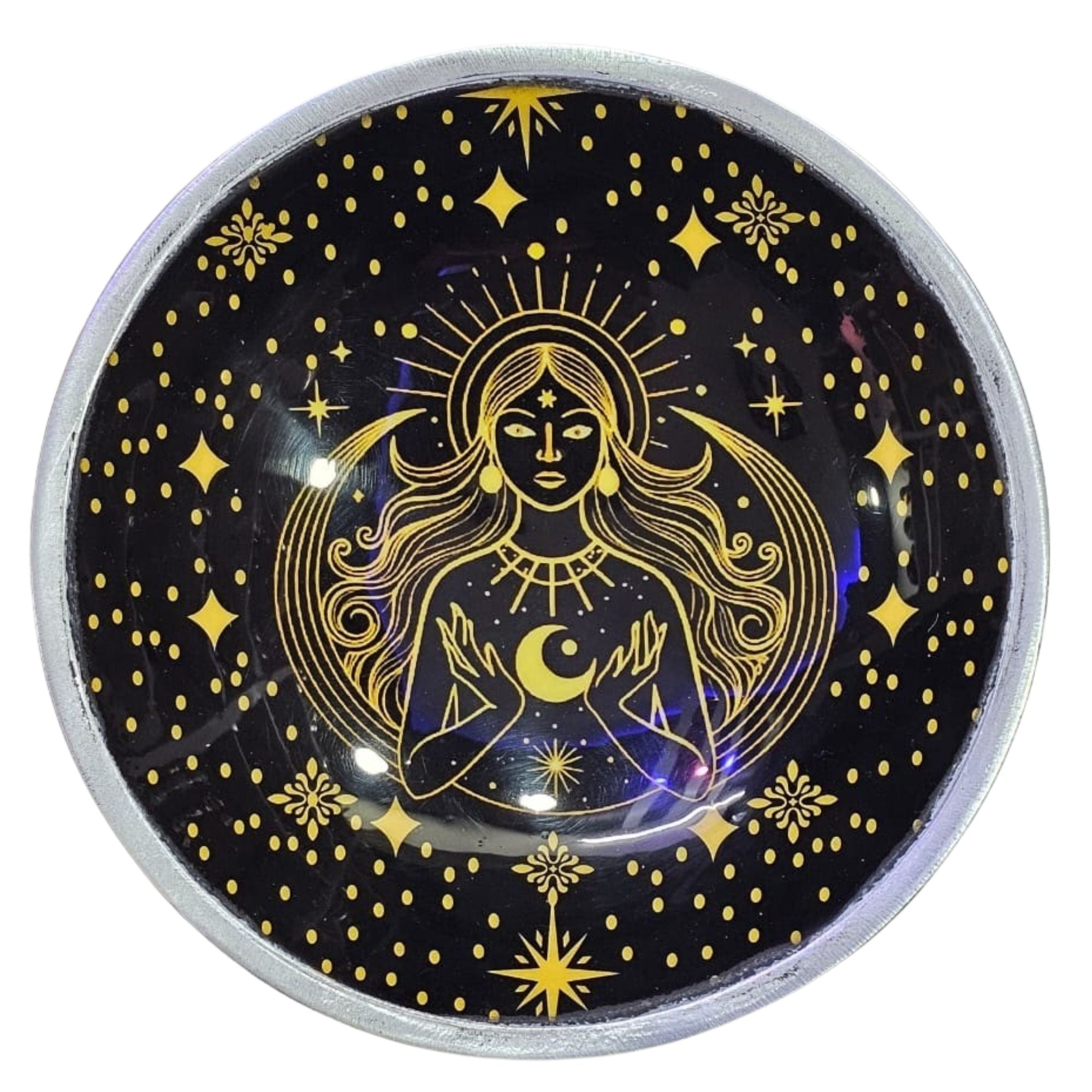 Triple Leg Enamelled Offering Plate - Gold Goddess on Black