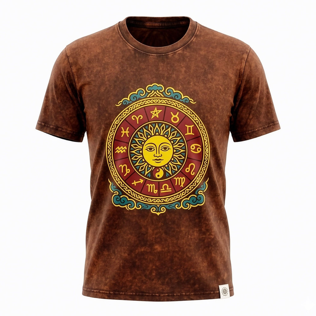 Nomad Sari Stonewashed Cotton T Shirt with Sun Zodiac Design
