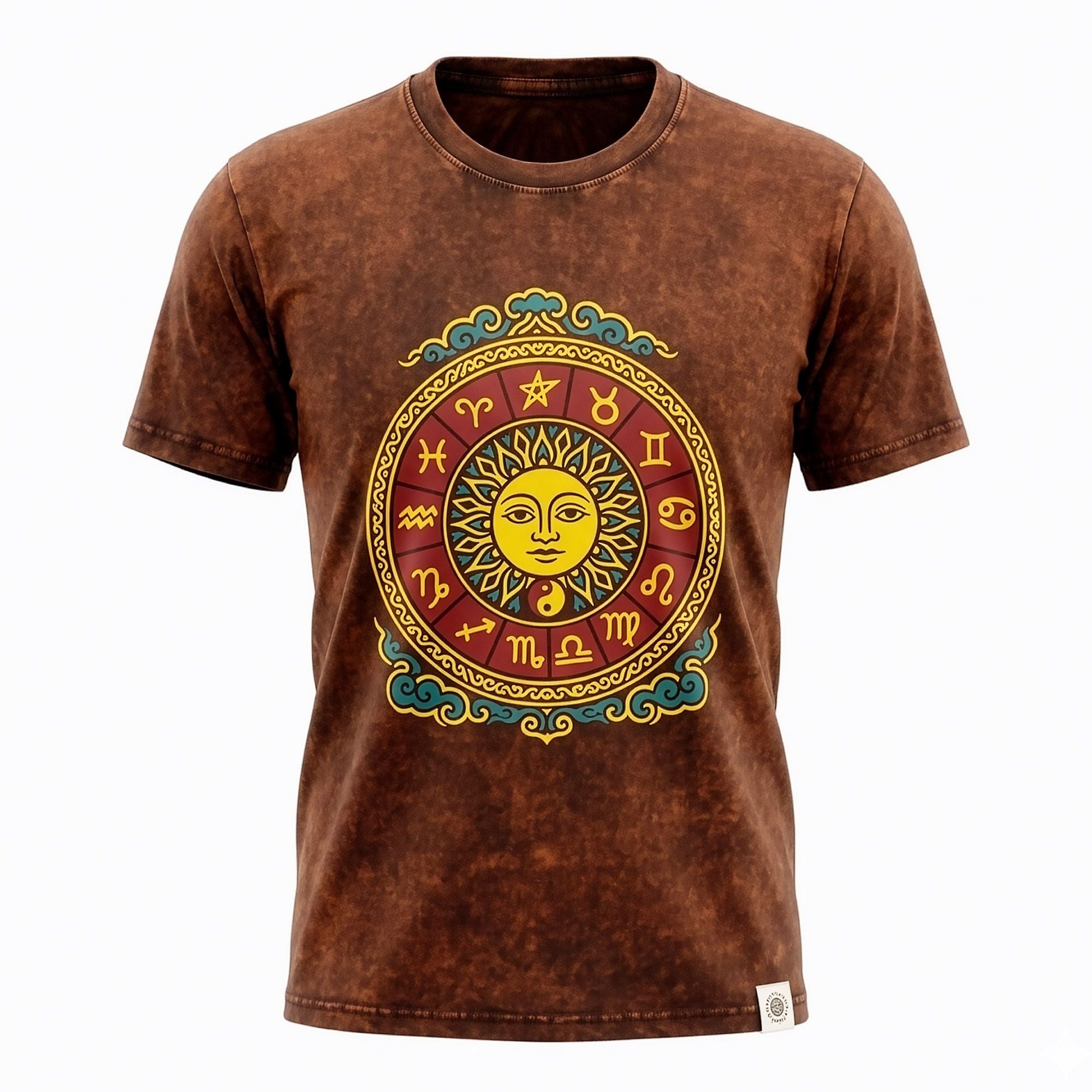 Nomad Sari Stonewashed Cotton T Shirt with Sun Zodiac Design