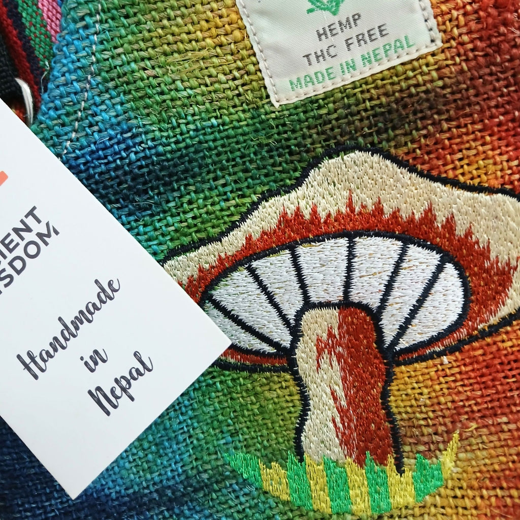Hemp Embroidery Mushroom Party Bag with Orange Mushroom Design
