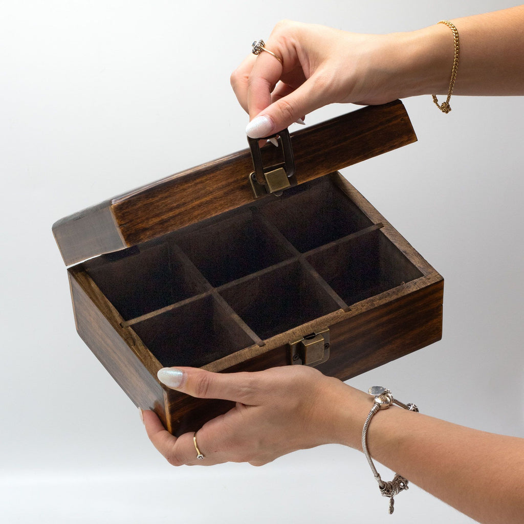 Mango Carved Tea Box with 6 Compartments for Stylish Storage