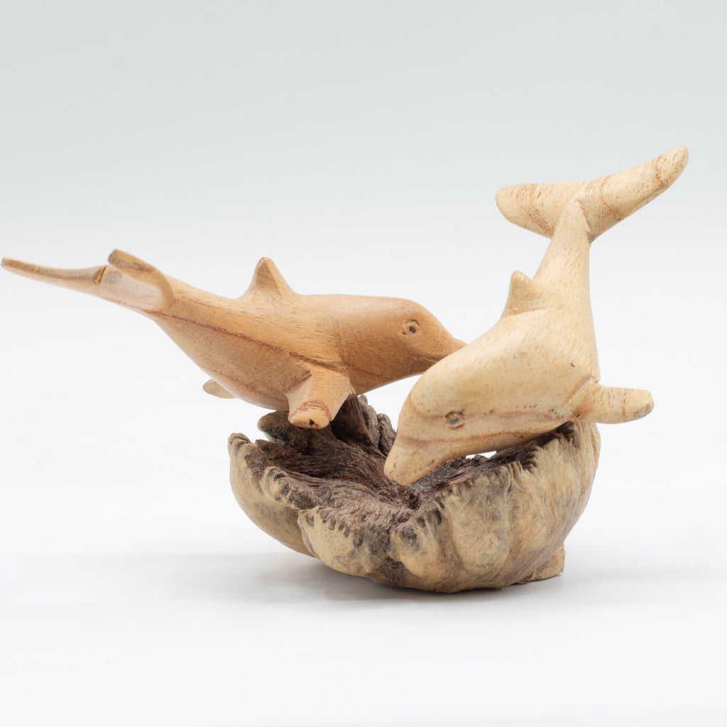 Handmade Parasite Wood Art Carving of Playful Dolphins in Motion