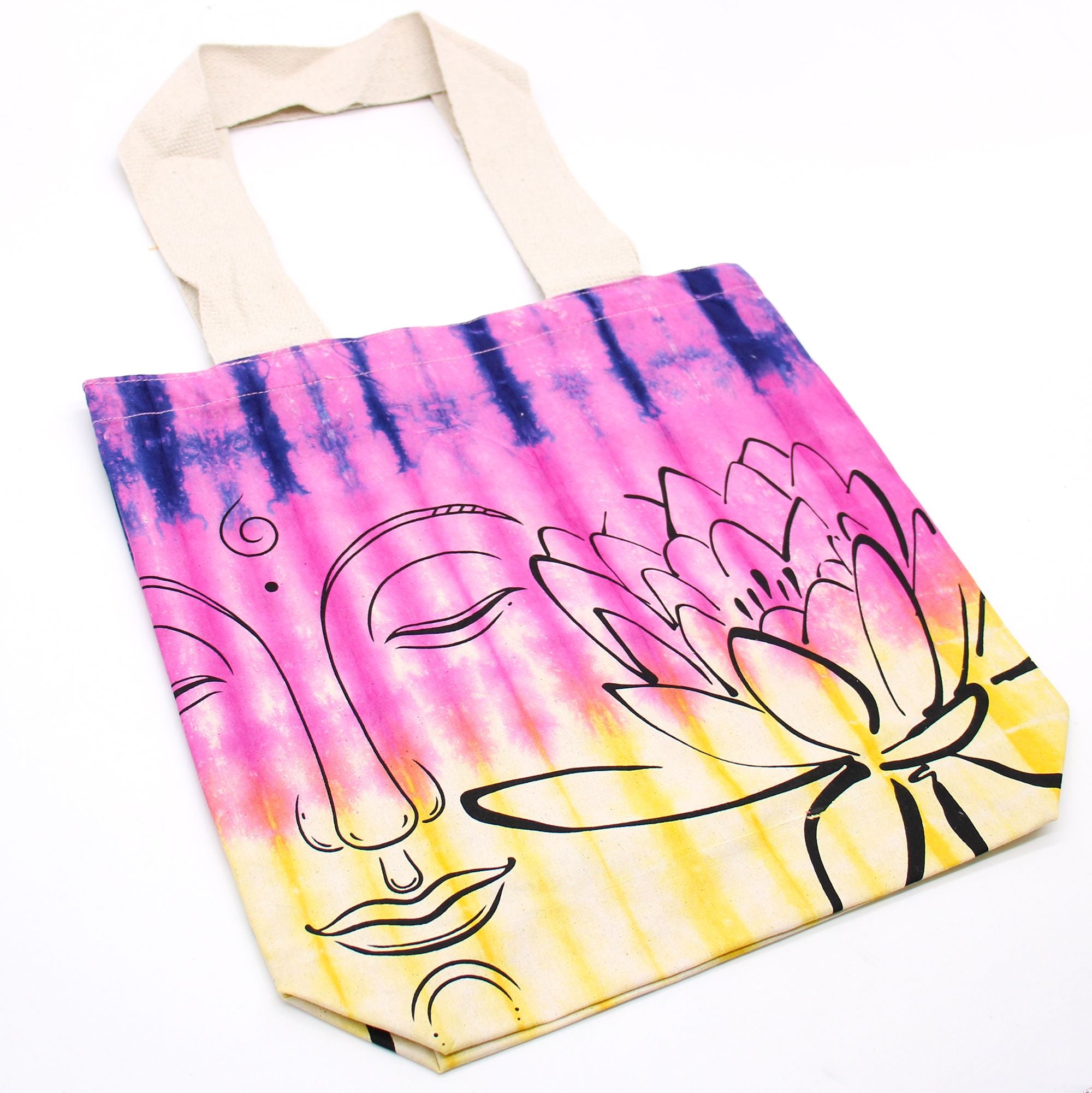 Unique Tye Dye Cotton Bag with Lotus Buddha Design and Handle