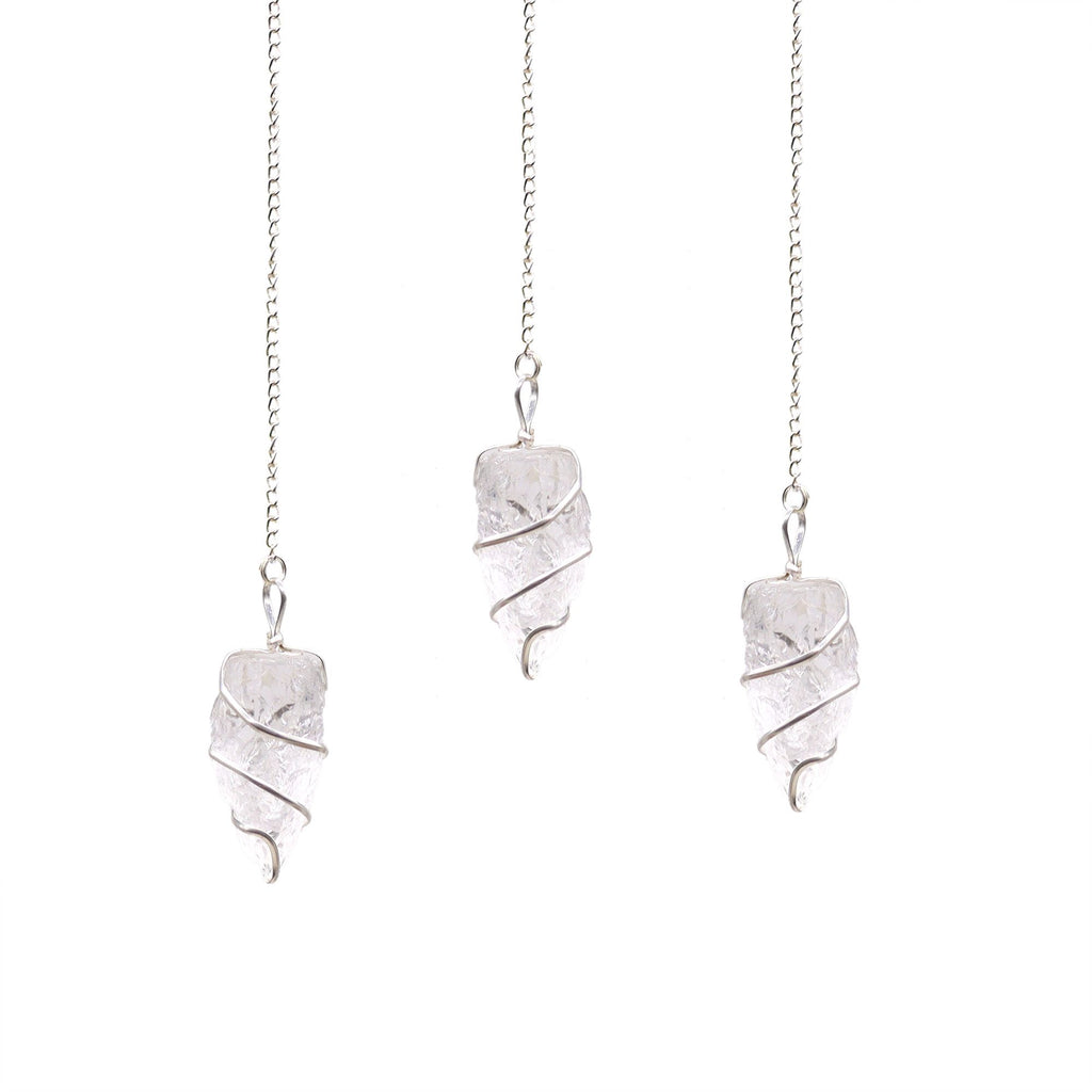 Raw Rock Quartz Gemstone Pendulum with Silver Tone Spiral Design