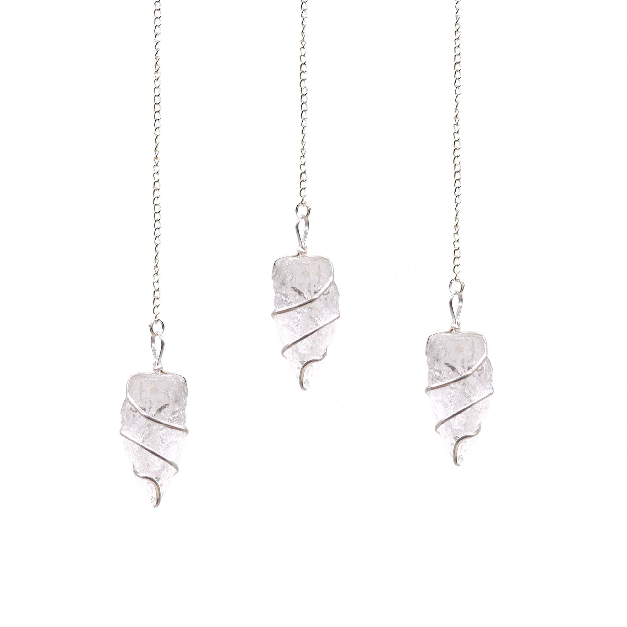 Raw Rock Quartz Gemstone Pendulum with Silver Tone Spiral Design