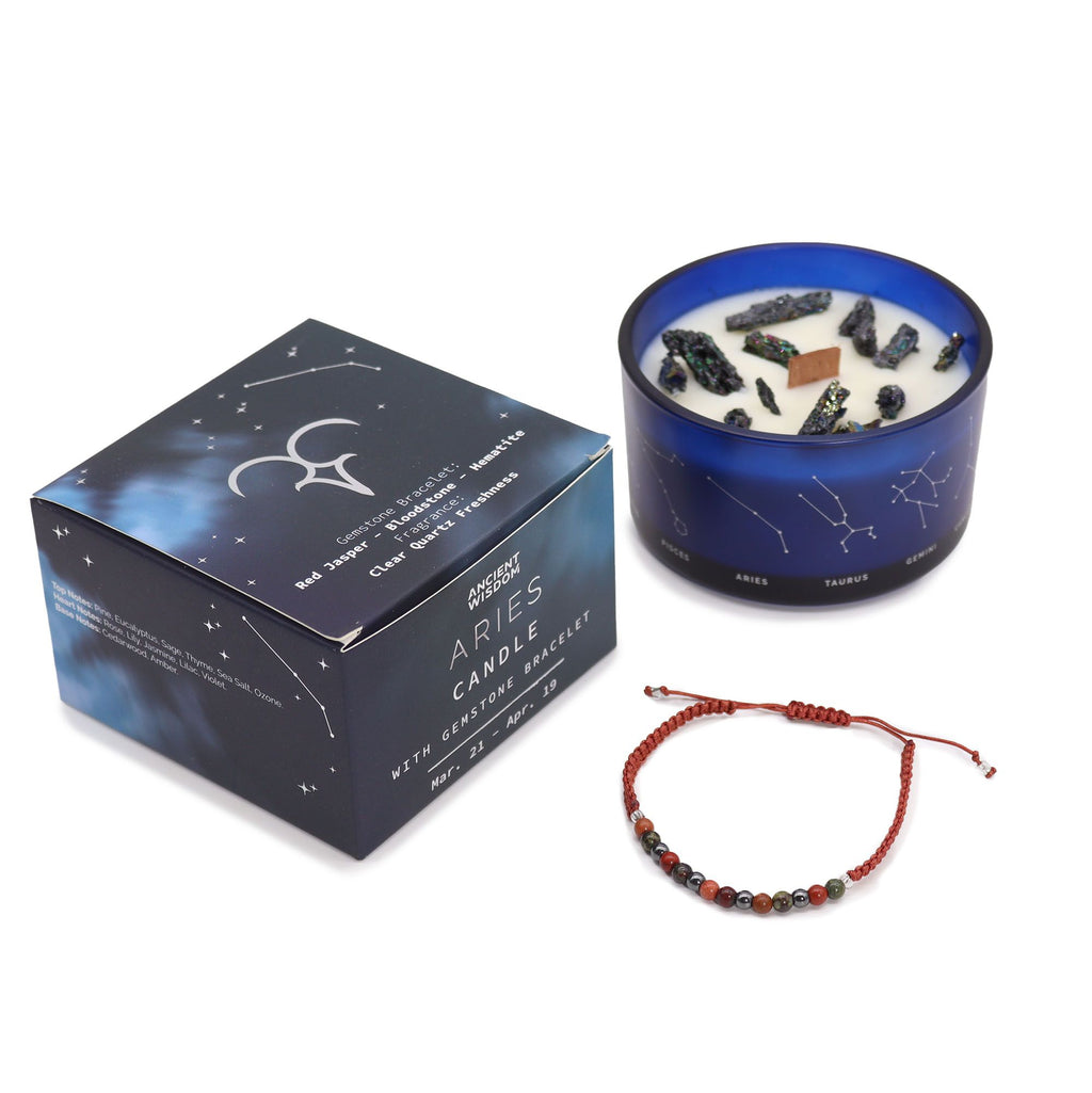Zodiac Crystal Candle with Gemstone Bracelet for Aries Energy