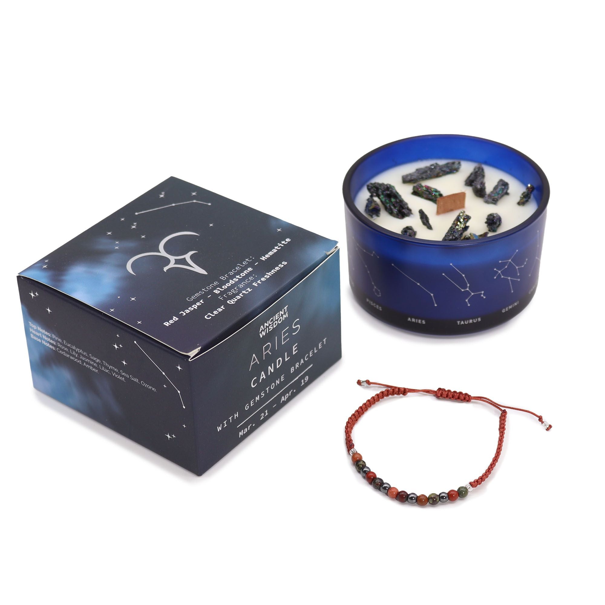 Zodiac Crystal Candle with Gemstone Bracelet for Aries Energy