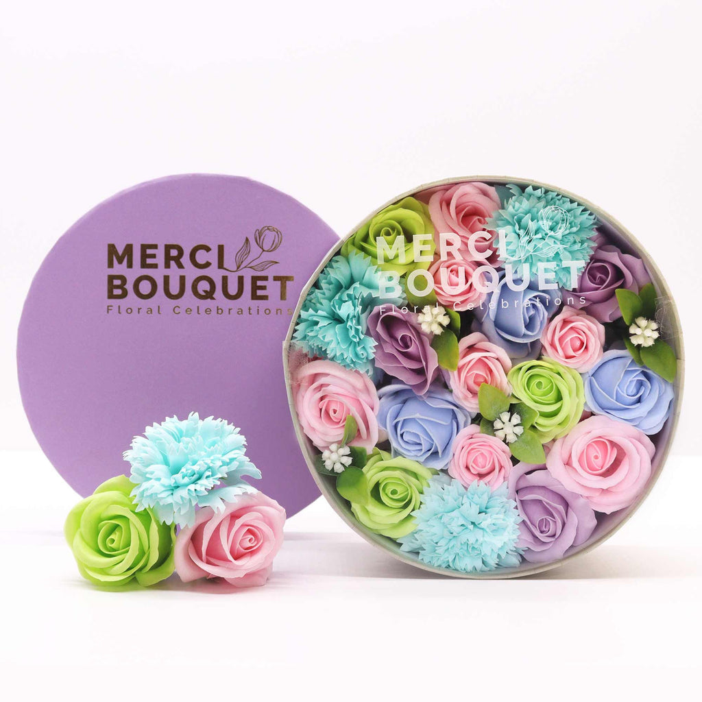 Round Box Baby Blessings Gift with Soap Flowers in Soothing Blues
