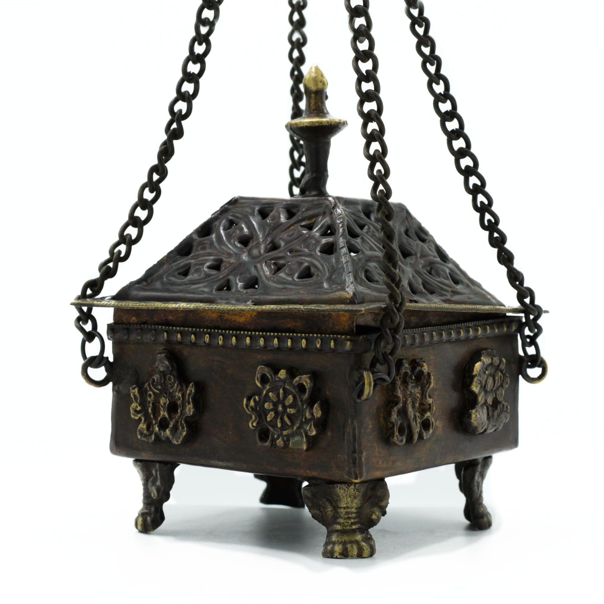Brass Tibetan Burner with Eight Auspicious Symbols Square Hanging Pot