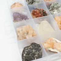 Mineral Specimens - Mixed Indian Zeolites in a Display (White Apophyllite, Stilbite,Finger Quartz, Amethyst, Green Stilbite, Heulandite)