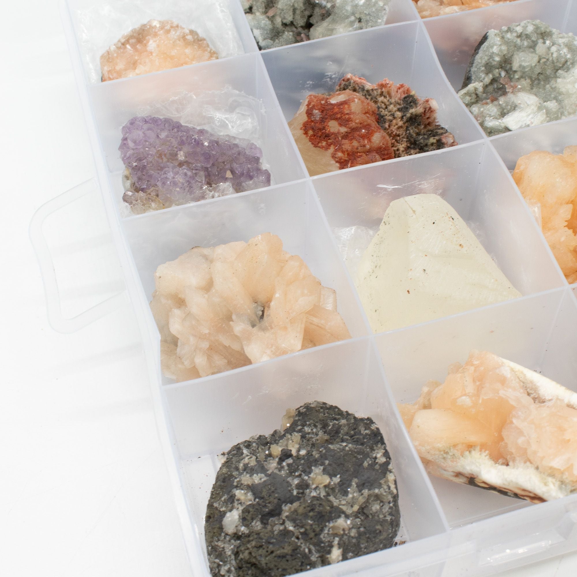 Mineral Specimens - Mixed Indian Zeolites in a Display (White Apophyllite, Stilbite,Finger Quartz, Amethyst, Green Stilbite, Heulandite)