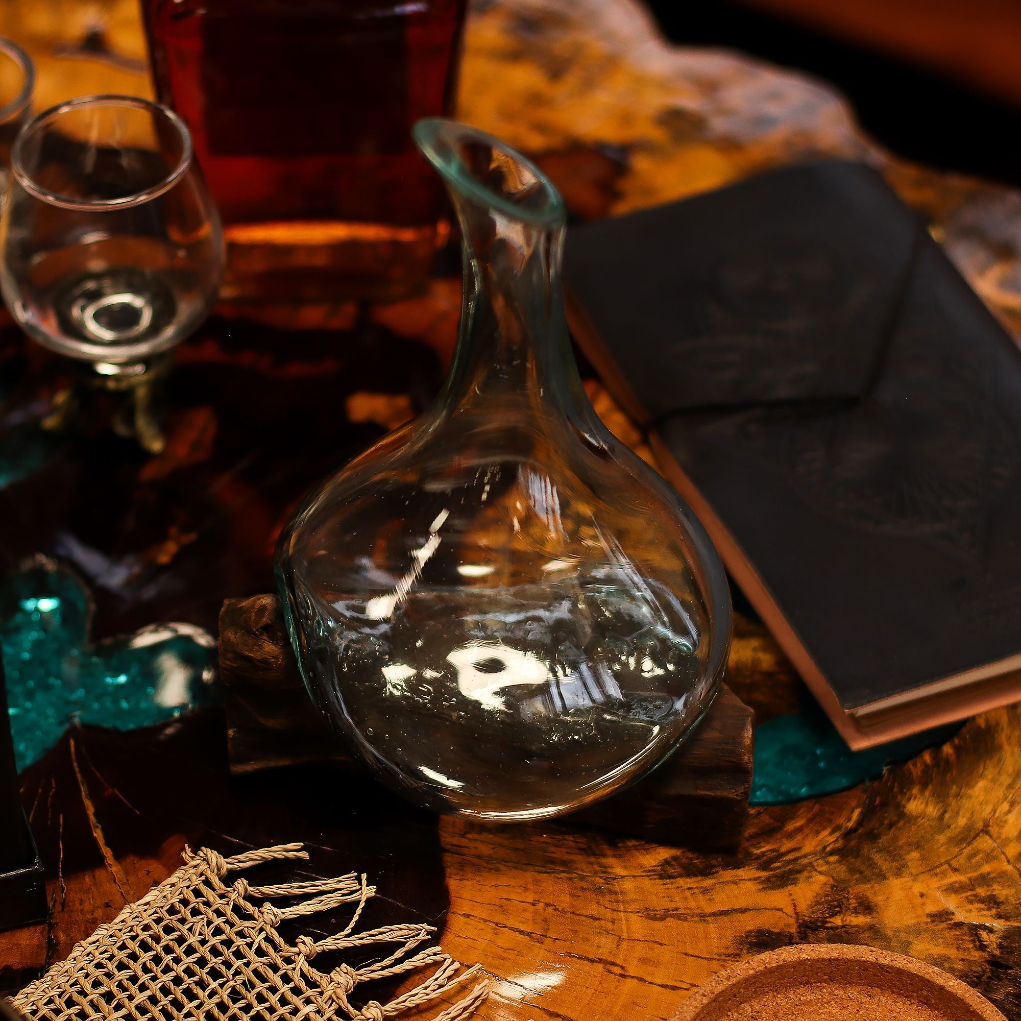 Molten Glass Mini Decanter on Wood Base for Home Display