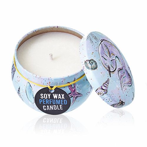 Art Tin Candle with Sea Life Design in Raspberry Scented Wax