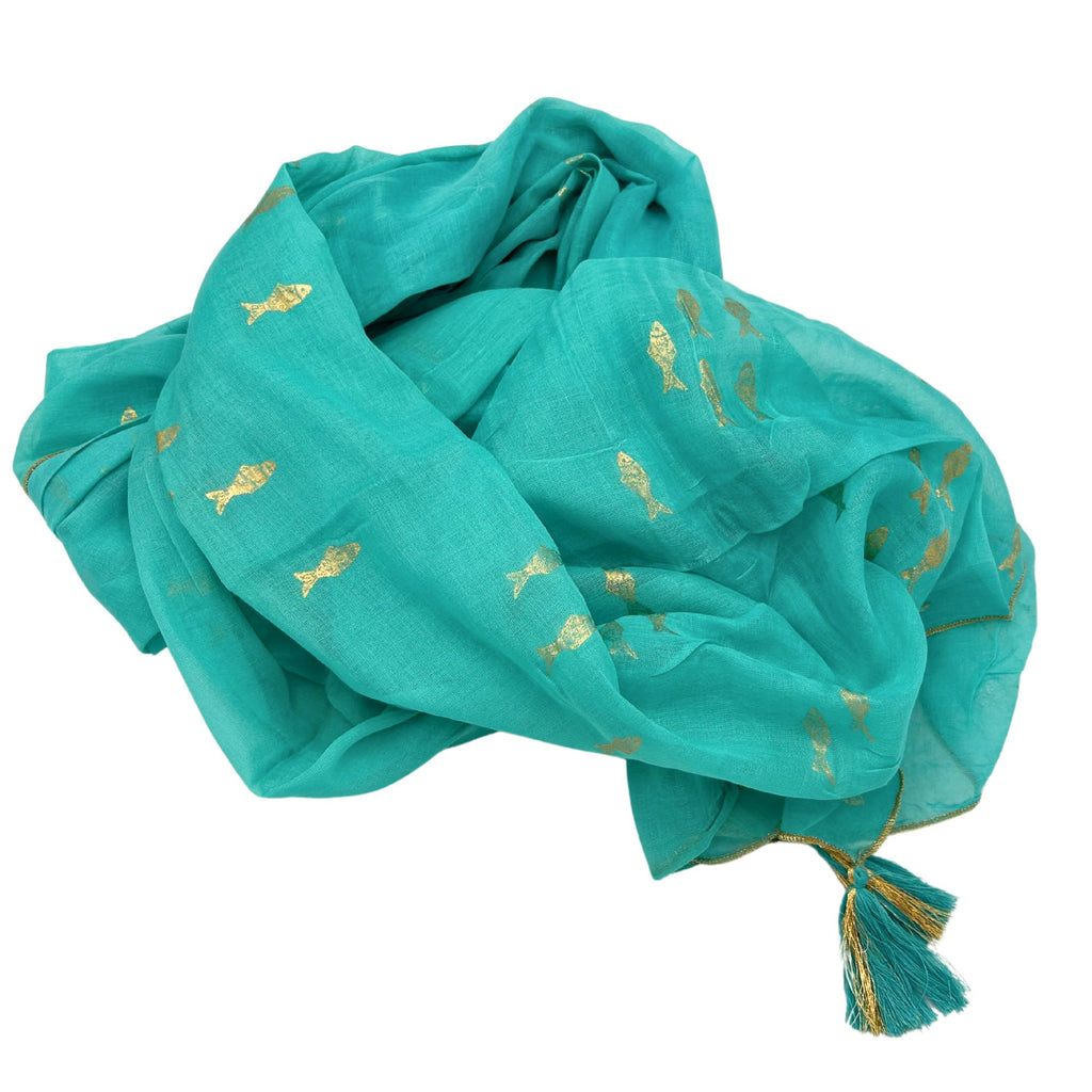 Nomad Sari Pareo in Turquoise & Gold Fish Print for Summer Style
