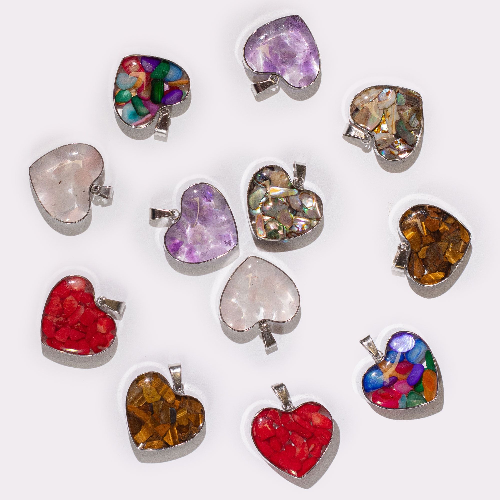 Steel Cased Pendant Hearts with 12 Assorted Gemstone Chips