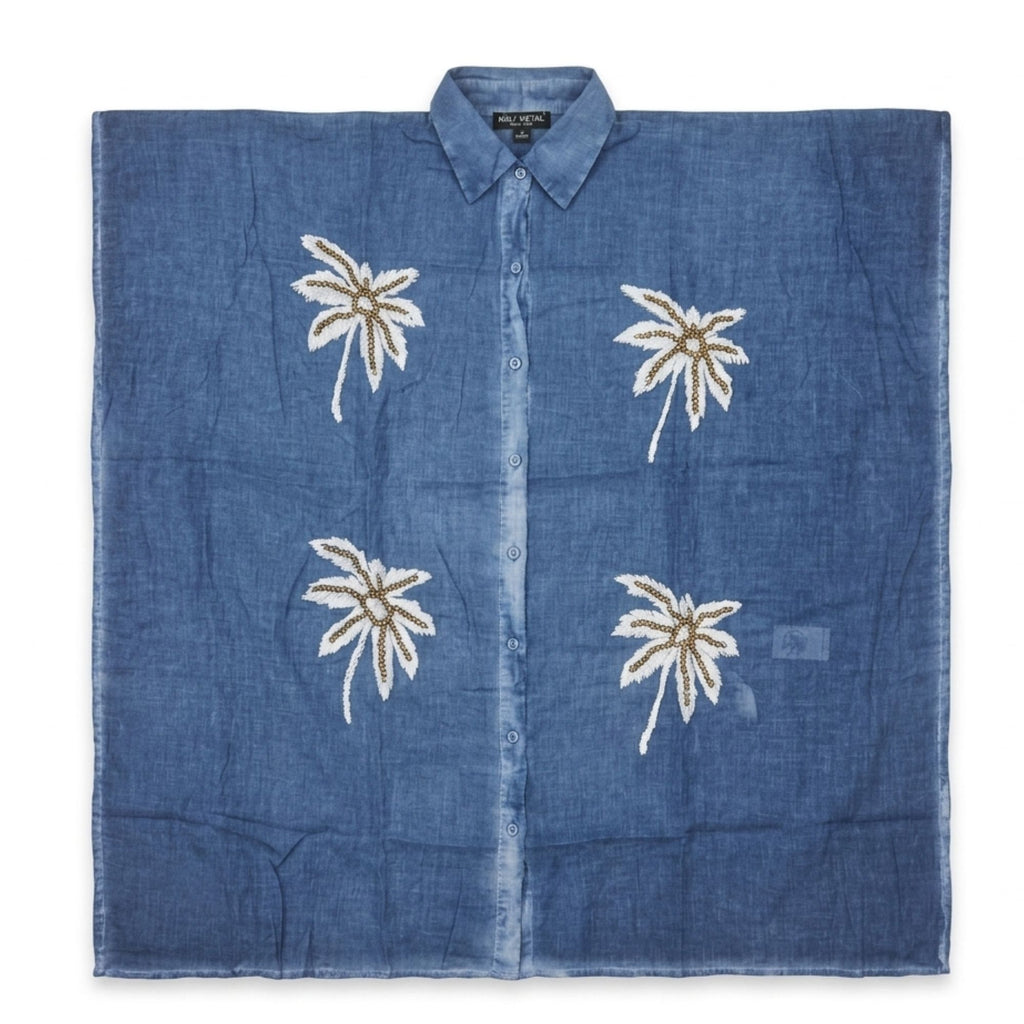 Nomad Sari Kaftan in Blue with Gold Palm Tree Design for Summer