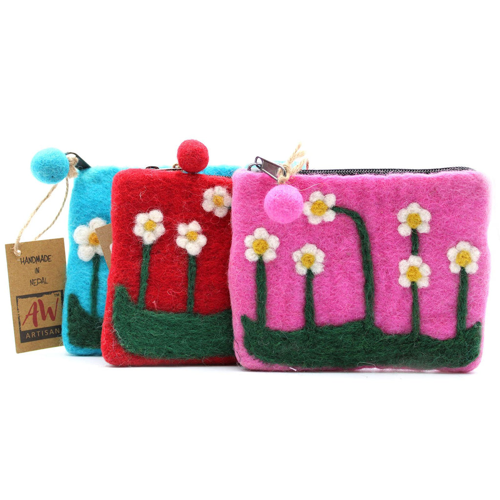 Natural Felt Zipper Pouch with Flower Garden Design Assortment
