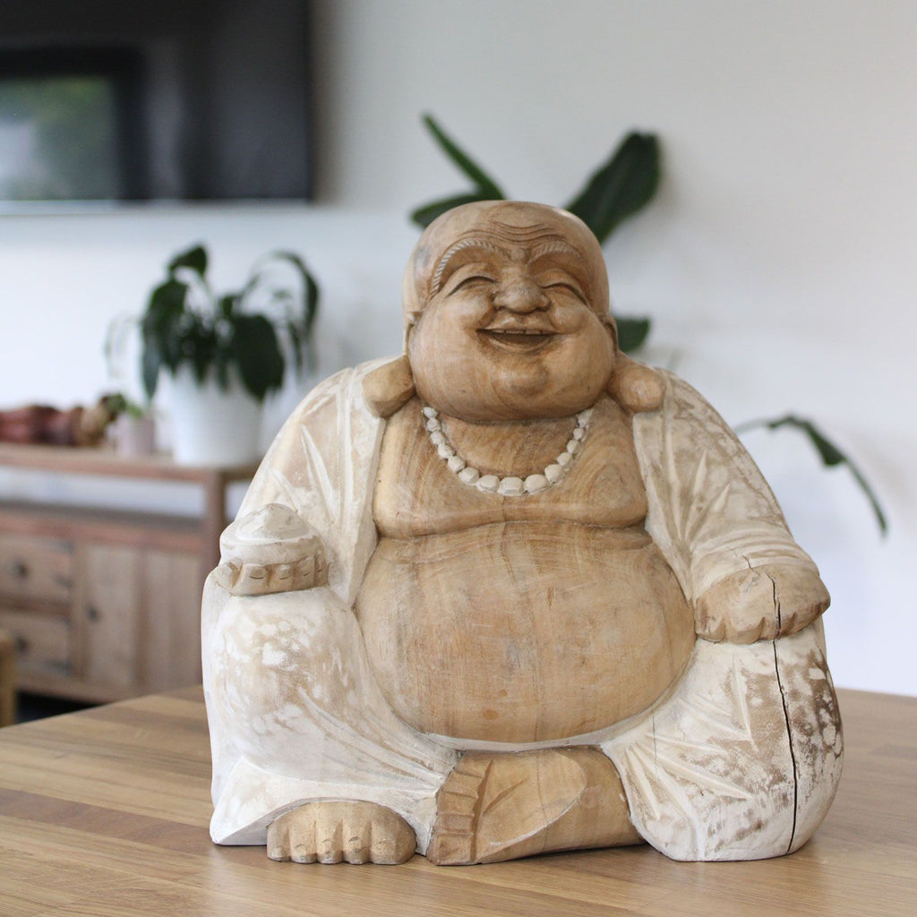 Happy Buddha Whitewash 30cm Hand Carved Decorative Statue