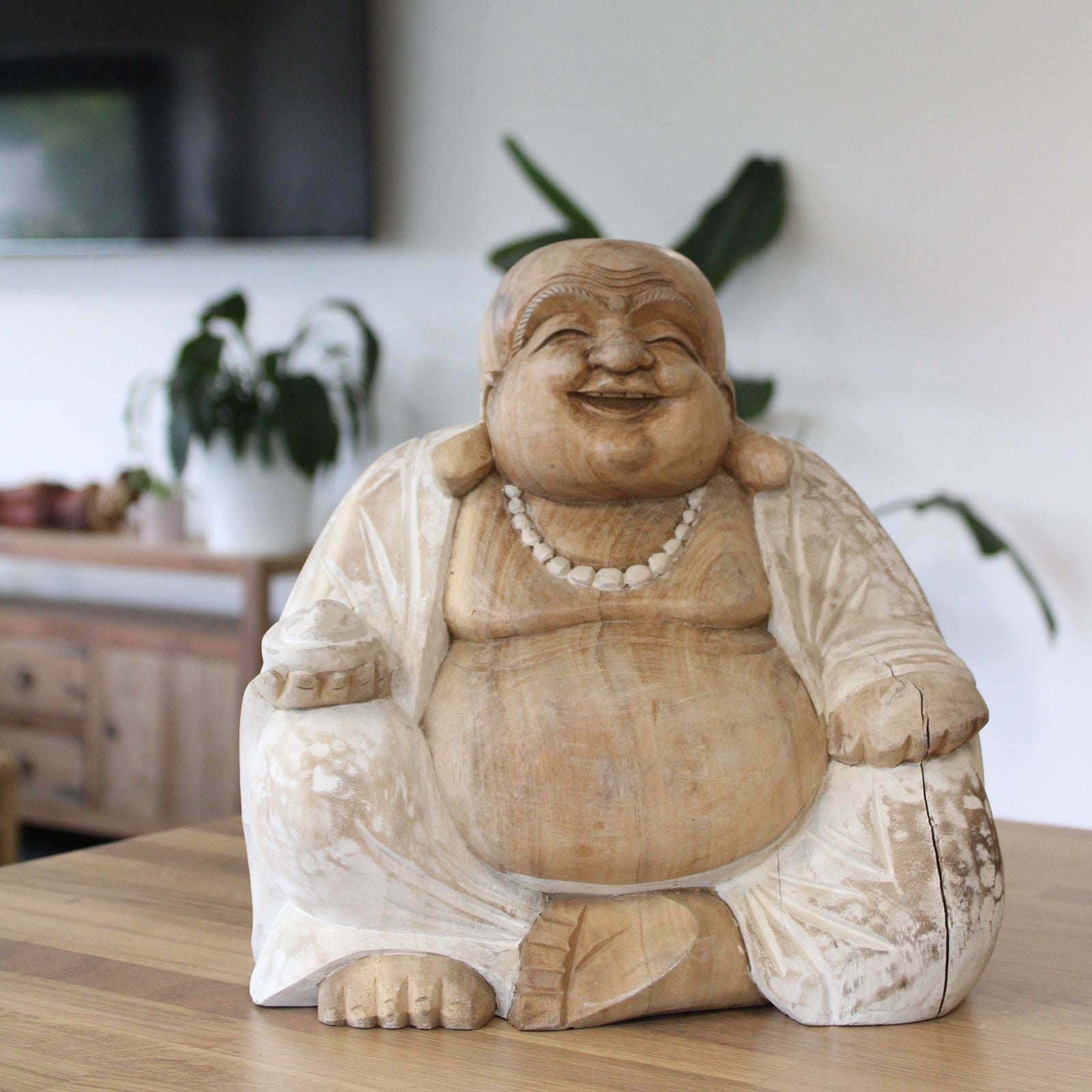 Happy Buddha Whitewash 30cm Hand Carved Decorative Statue
