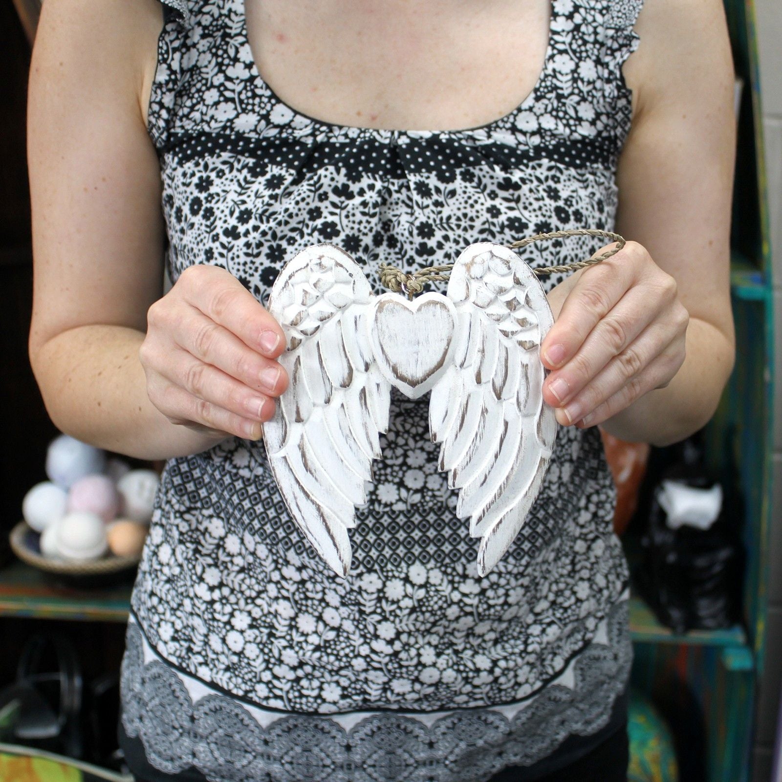Hand Crafted Small Double Angel Wing & Heart Decoration 15cm