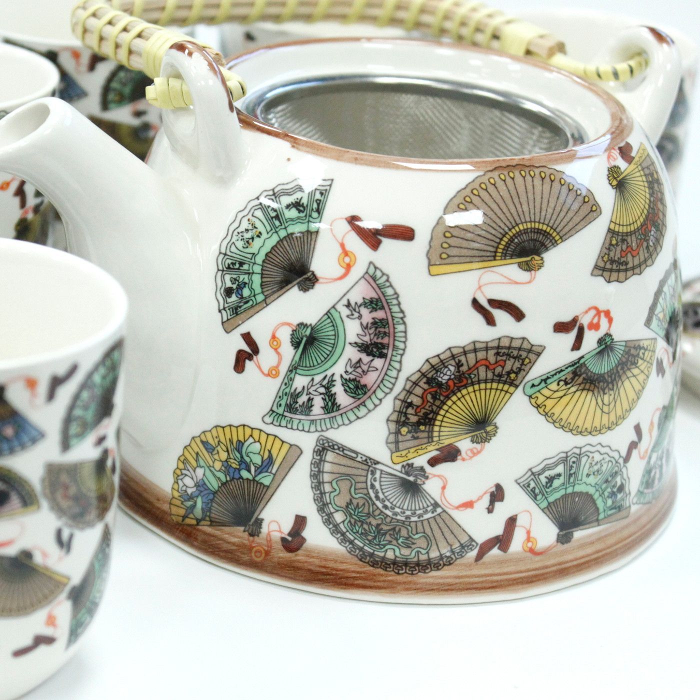 Herbal Teapot Set with China Fans Design and Six Matching Cups