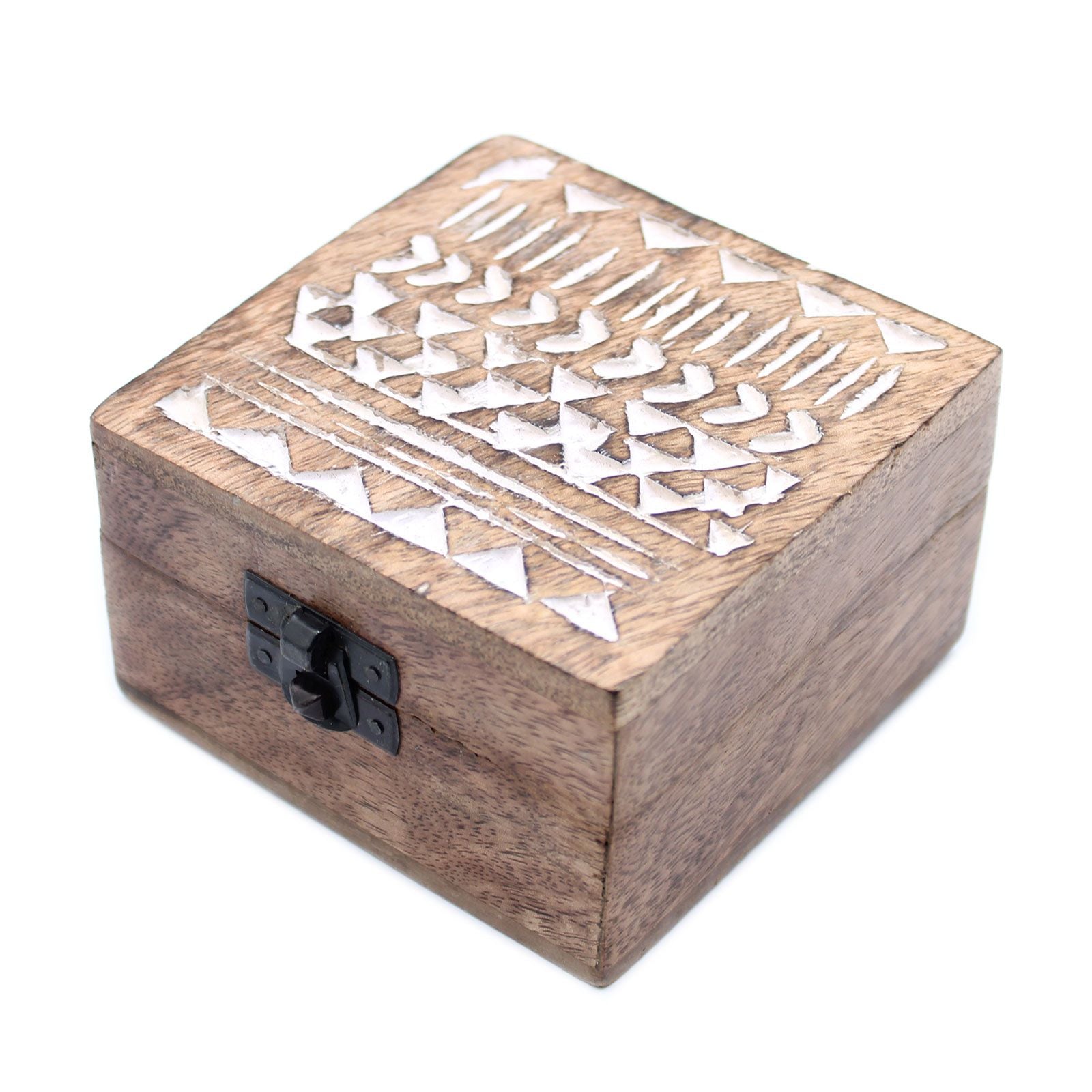 White Washed Wooden Box with Aztec Design for Stylish Storage