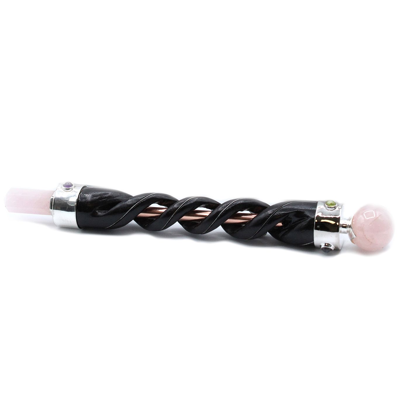 Spiral Carving Healing Wand with Copper Pipe and Rose Quartz Design