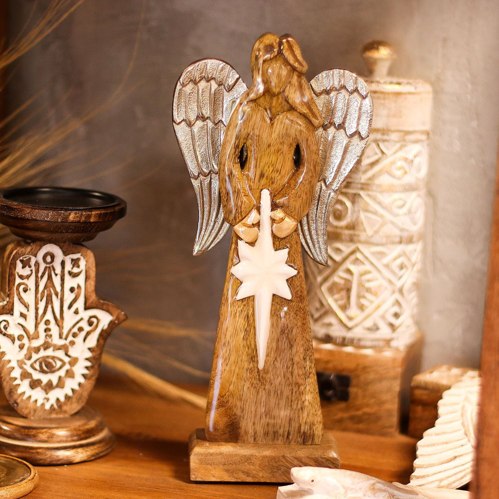 Large Mango Wood Peace Angel with Metal Wings and Enamel Detail