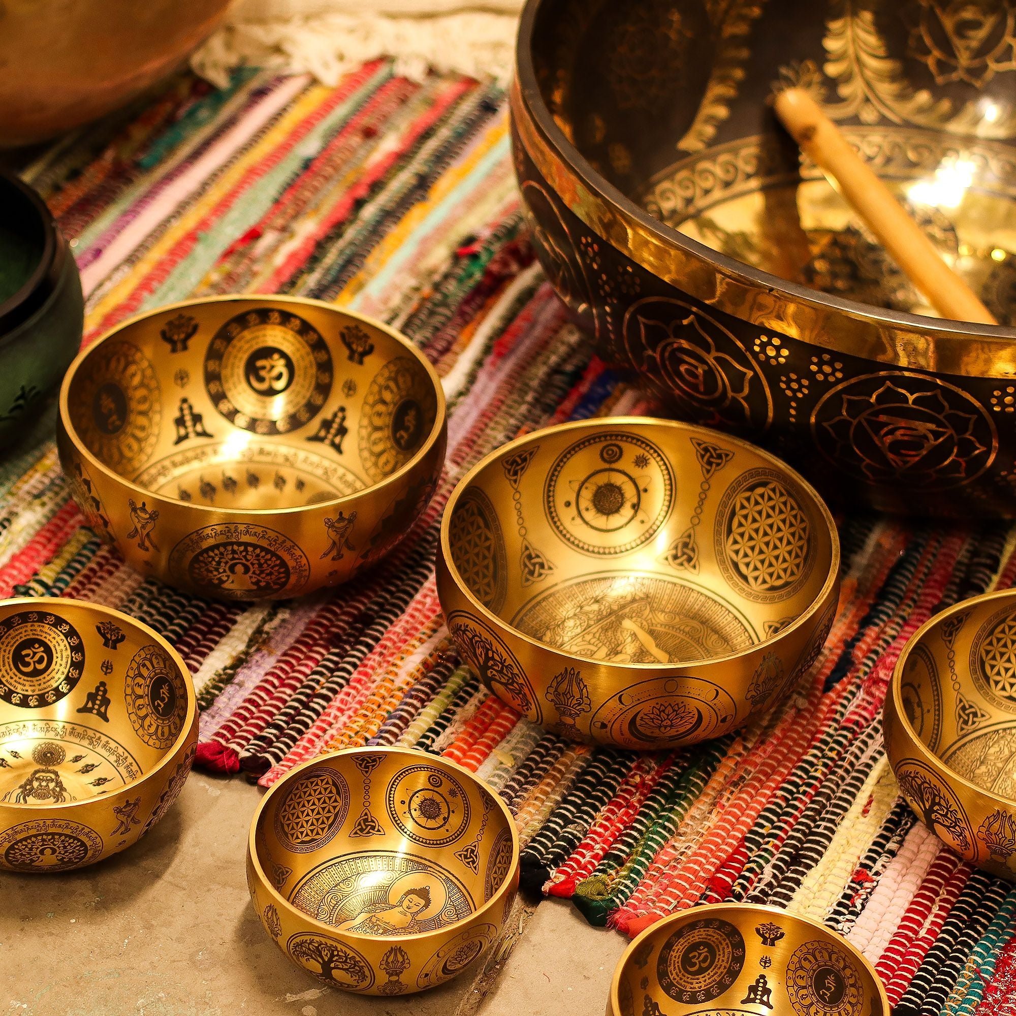 Pure Brass Etched Yogi Set of 4 Singing Bowls for Meditation