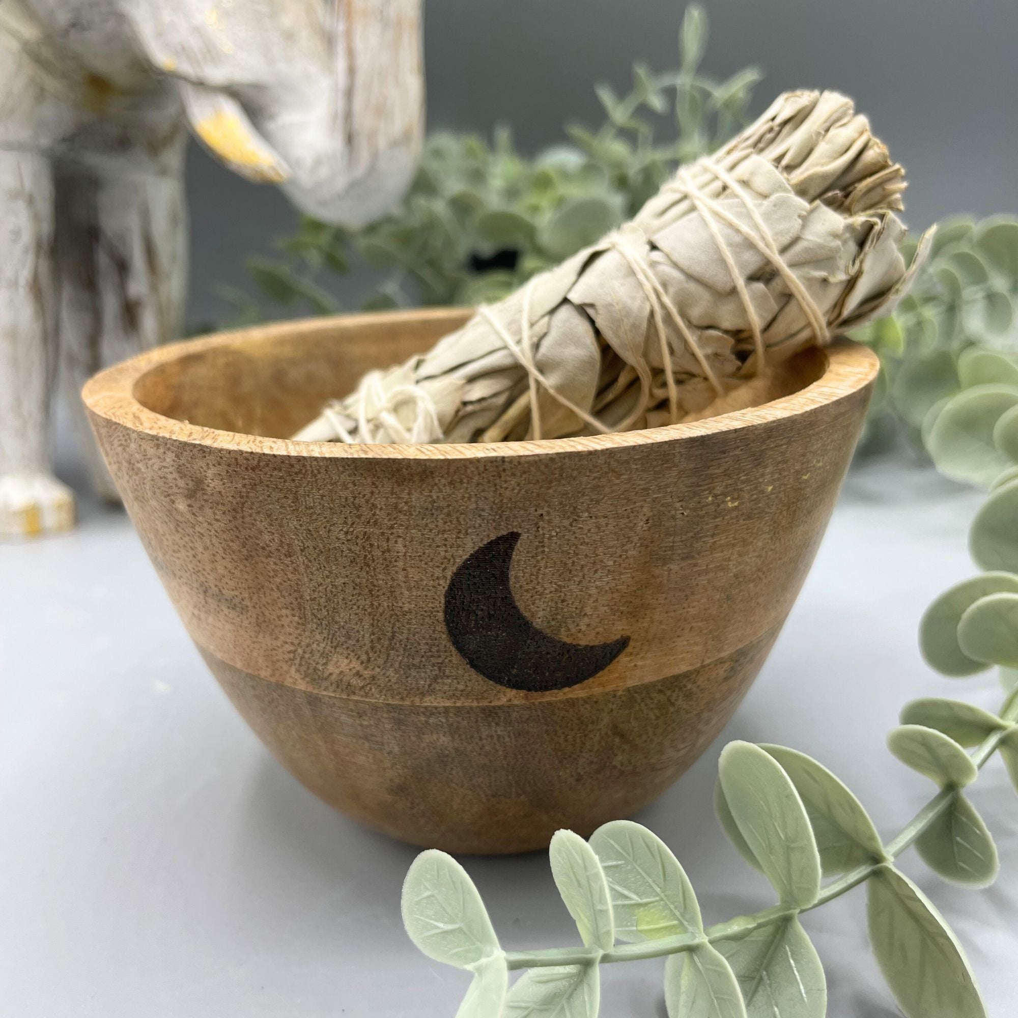 Wooden Smudge and Ritual Offerings Bowl with Three Moons Design