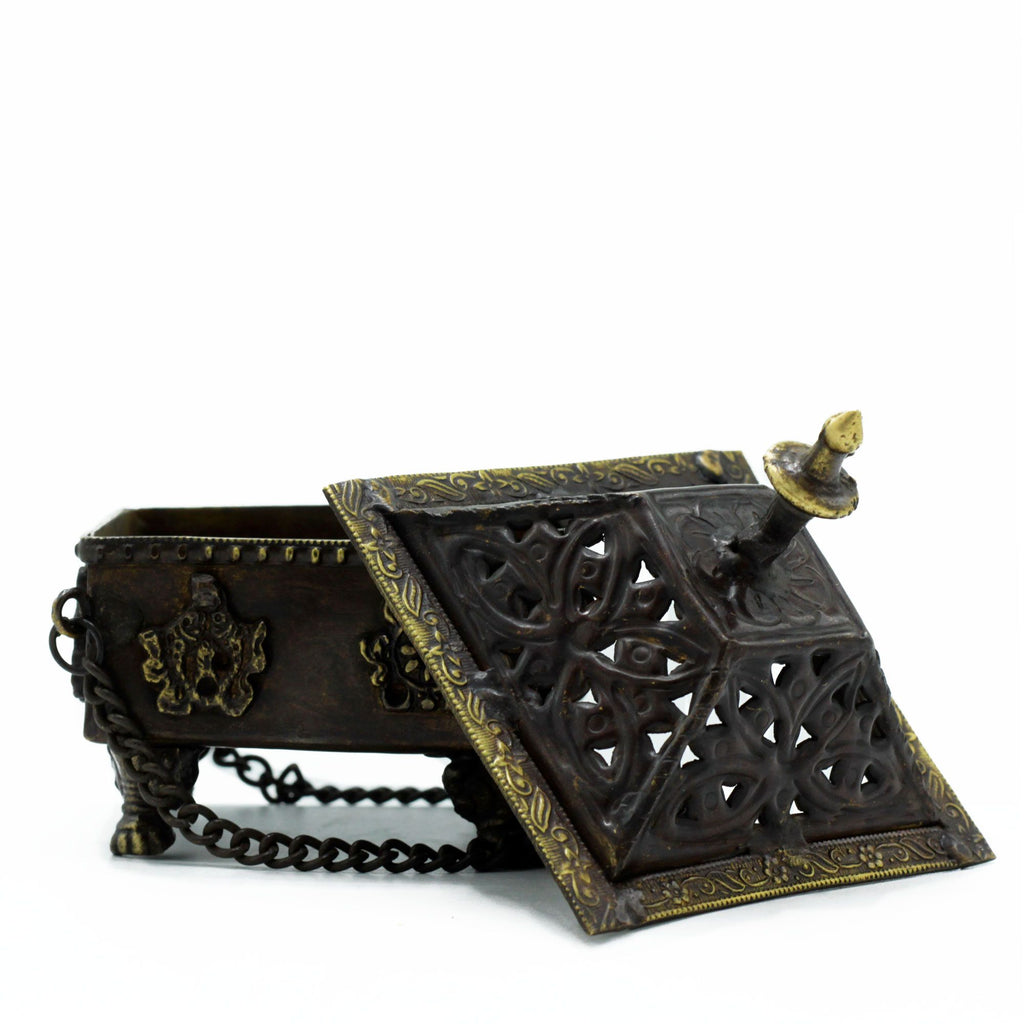 Brass Tibetan Burner with Eight Auspicious Symbols Square Hanging Pot