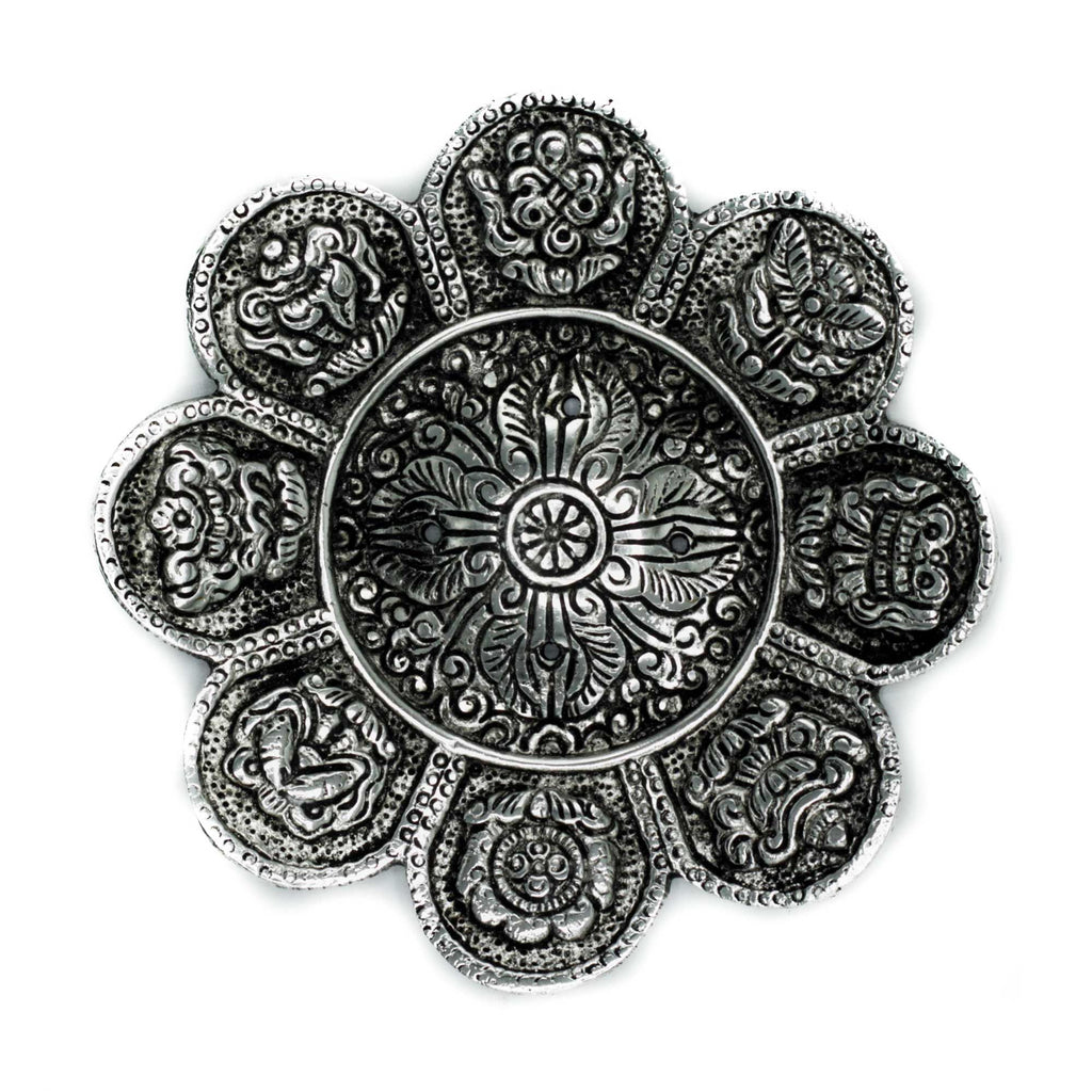 Polished Aluminium Tibetan Symbols Incense Holder for Home Decor