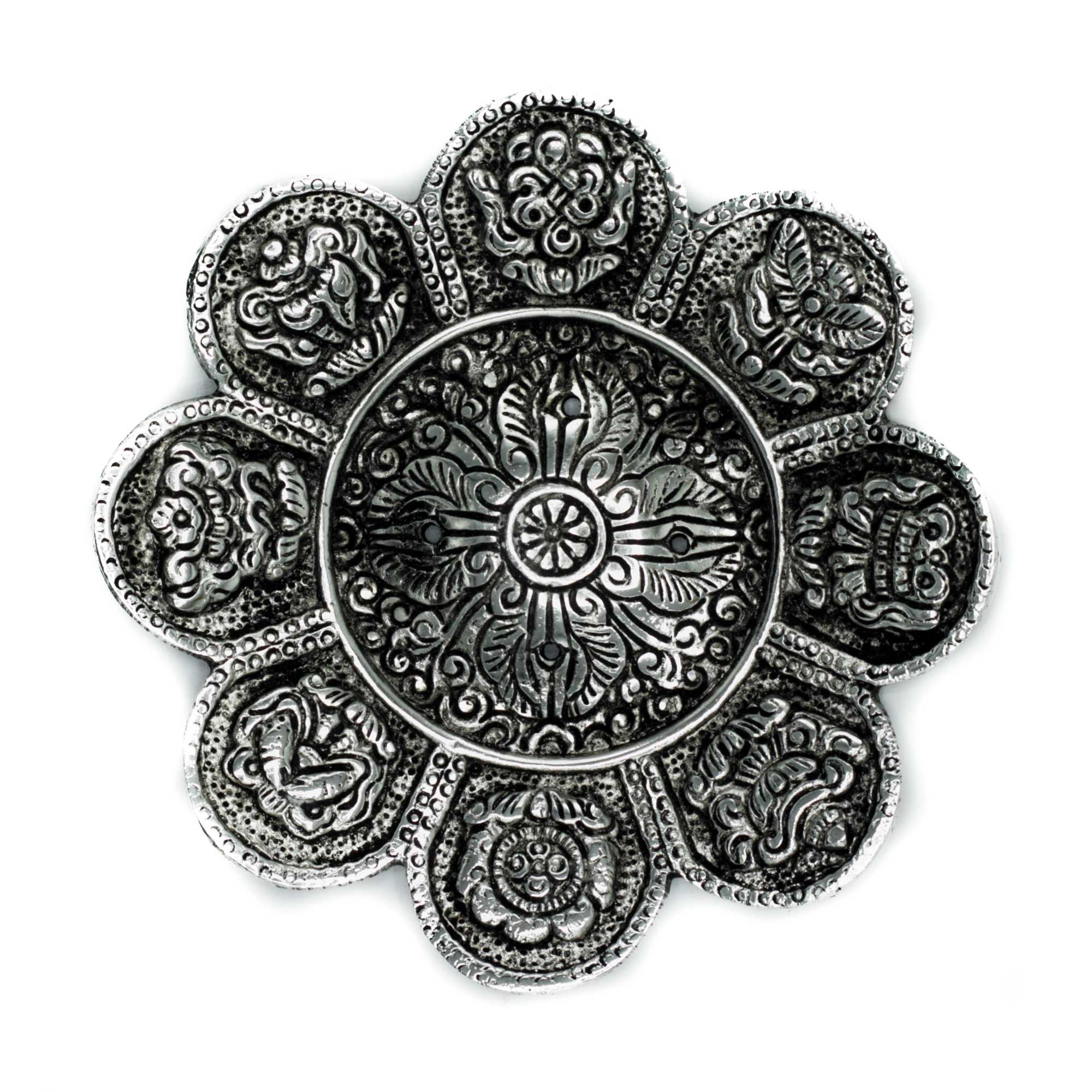 Polished Aluminium Tibetan Symbols Incense Holder for Home Decor
