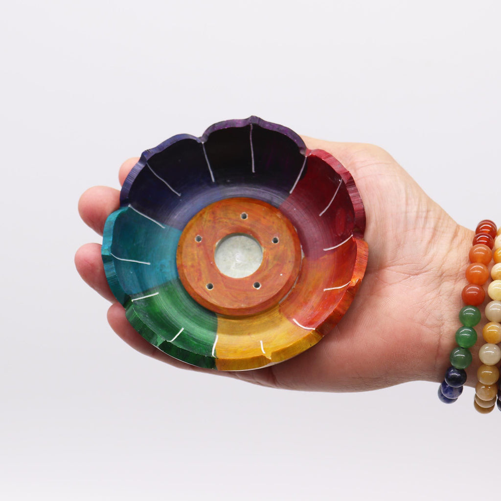 Soapstone Lotus Flower Incense Holder with Chakra Colours Design