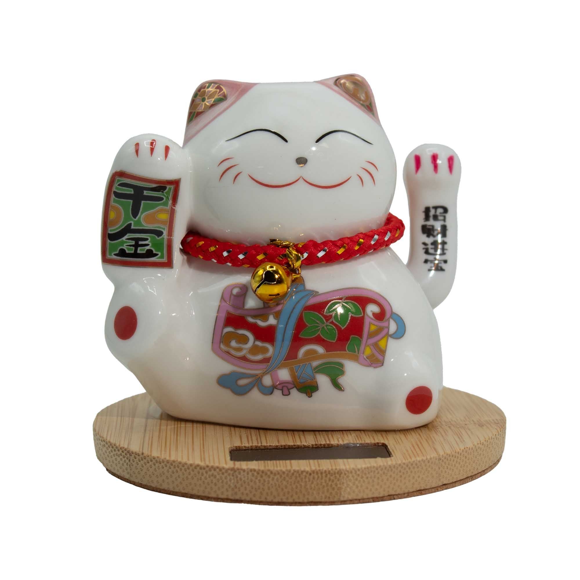 Charming Solar Money Cat with Moving Pink Hand and Wooden Base